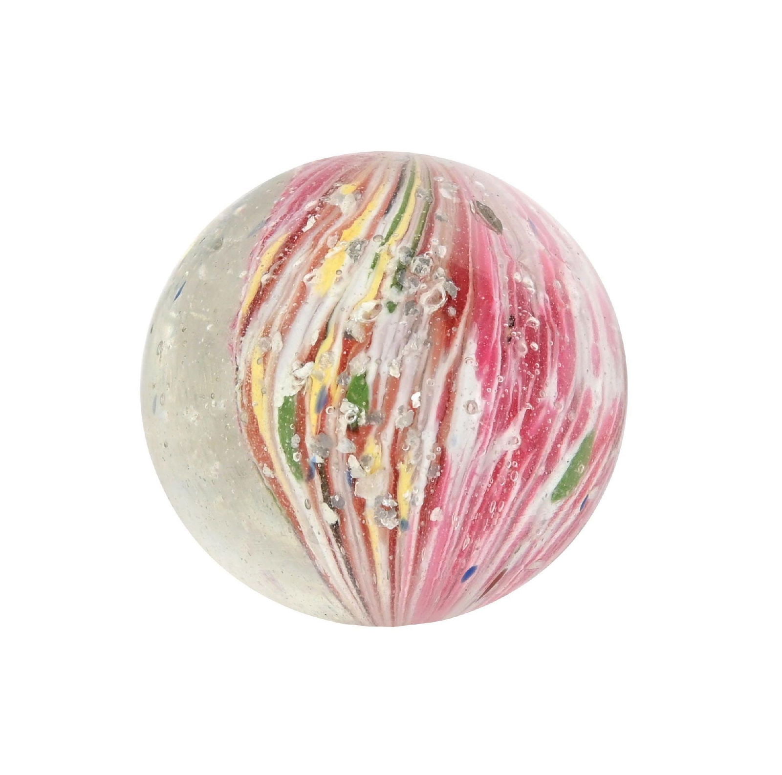 4-PANEL ONIONSKIN W/ MICA MARBLE: 57/64" diam. Two opposing panels of white, yellow, and green with mica, and two opposing panels of pink and white, without mica. Early faceted pontil. Condition: (9.7). Dimensions: 1" Dia.