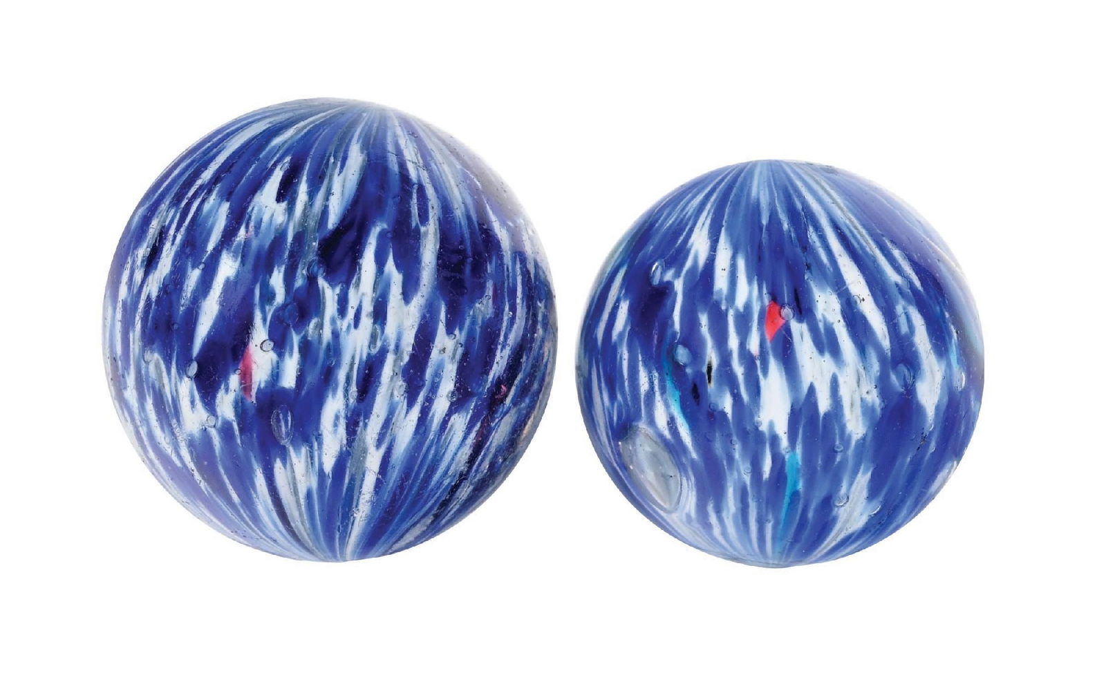 LOT OF 2: LARGE ONIONSKIN MARBLES: 1-15/32" - 1-11/16" diam. The smaller onionskin is white base with blue spotting and some turquoise and red. The larger onionskin is white base with spotting of blue with some red. Both have early fac