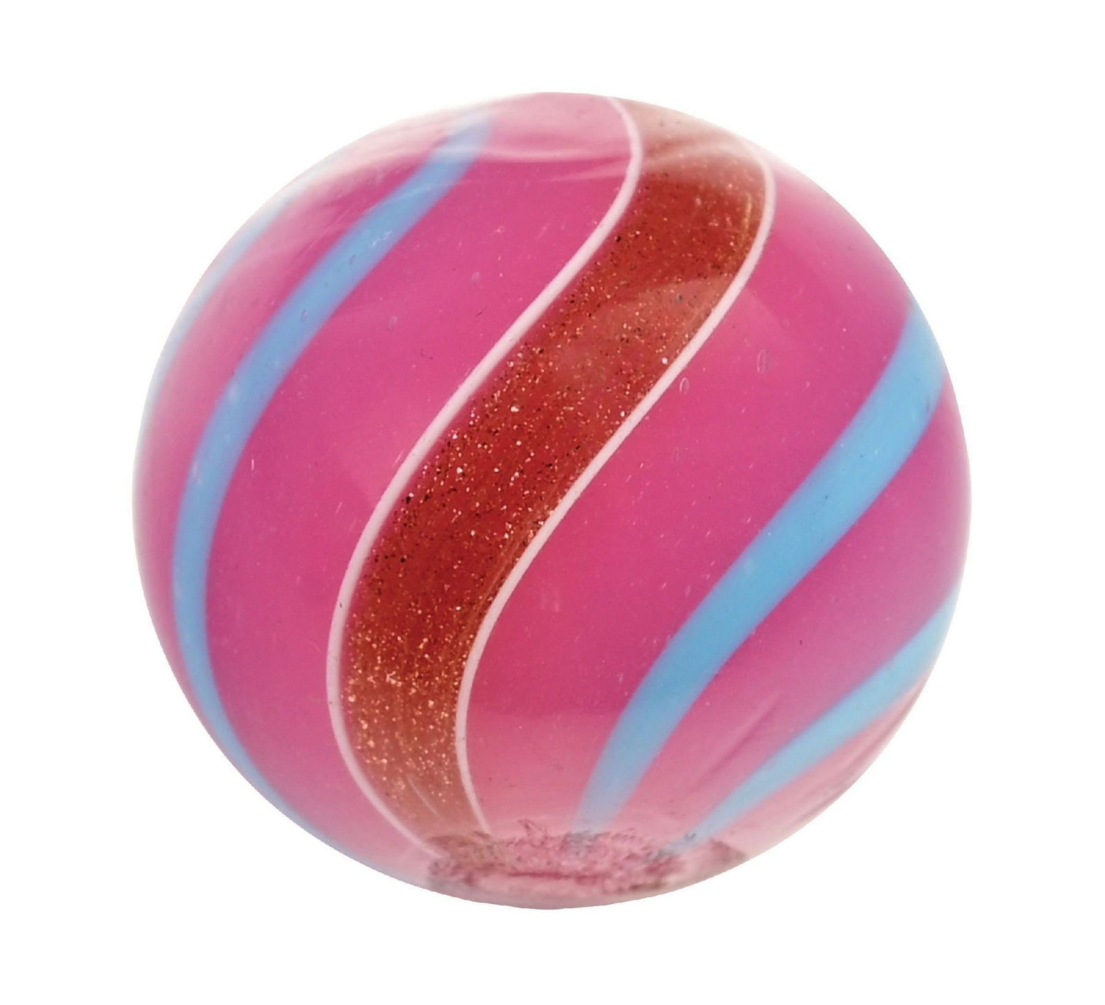 RARE PINK BASE OPAQUE LUTZ: 25/32" diam. Pink base with baby blue bands. Extremely hard to find in this color and condition. Condition: (9.8). Dimensions: 3/4" Dia.