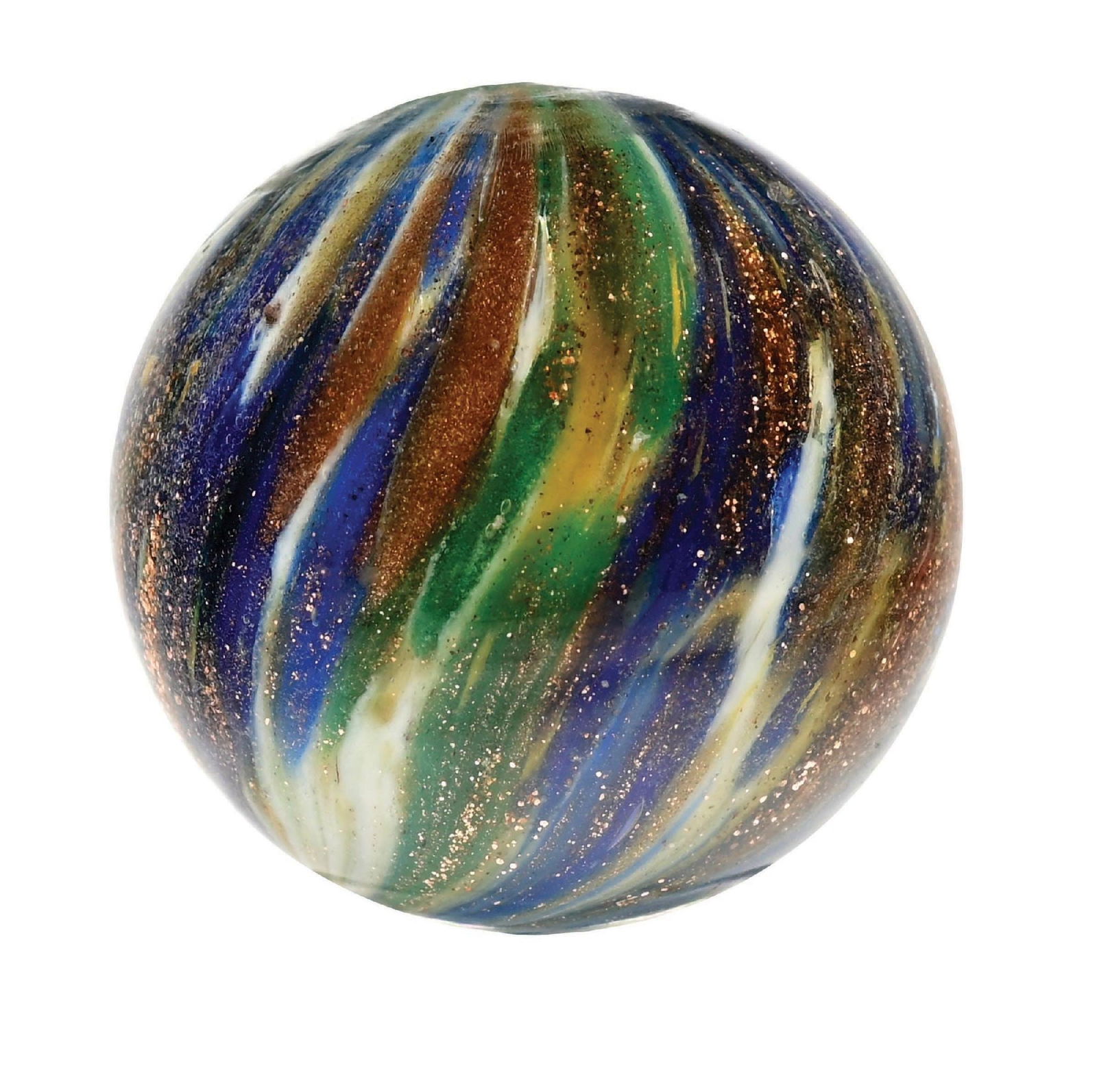 LARGE ONIONSKIN LUTZ MARBLE: 1-5/64" diam. White base with blue and green, loaded with Lutz. Hard to find in this size and condition. Condition: (9.8). Dimensions: 1" Dia.
