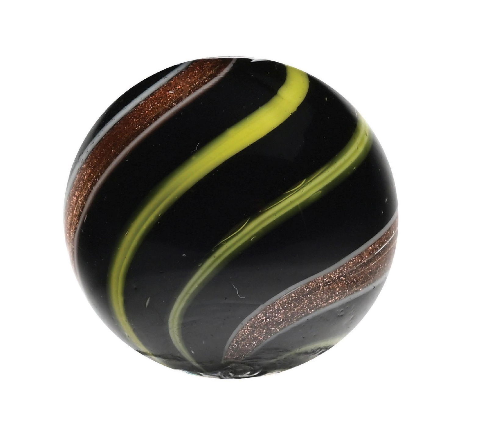 MAGLIGHT PURPLE BANDED LUTZ MARBLE: 7/8" diam. Marble looks to be black opaque, but blacklights purple with yellow bands. Surface shows micro-reflection. Condition: (9.3). Dimensions: 7/8" Dia.