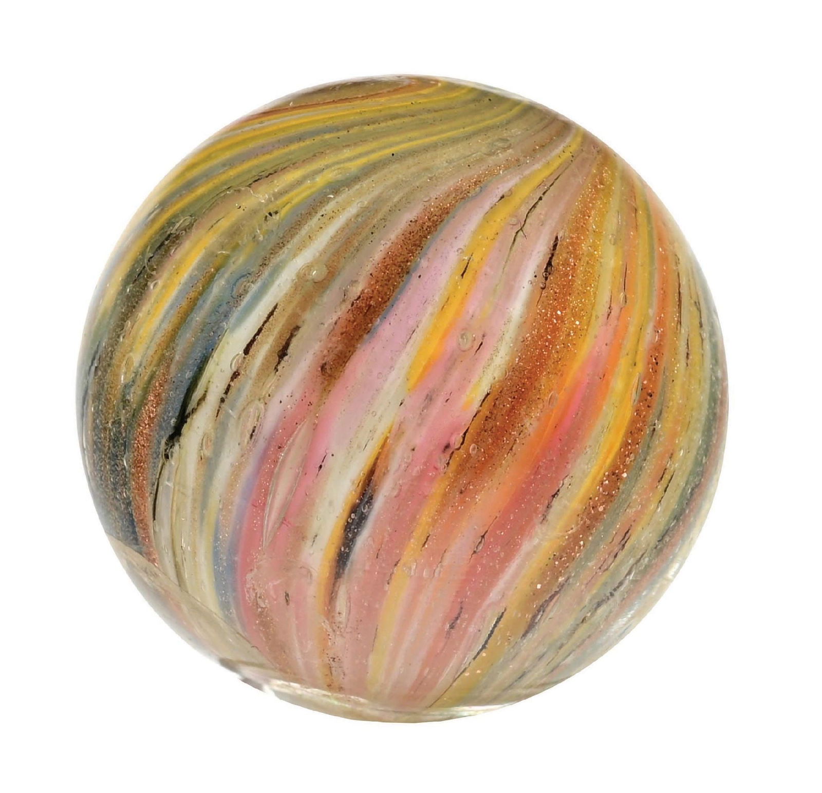 COLORFUL ONIONSKIN LUTZ MARBLE: 1-1/64" diam. Colors are white, pink, blue, and yellow, with heavy lutz. Surface shows several sub-surface reflections and as-made hotspot. Condition: (9.0). Dimensions: 1" Dia.