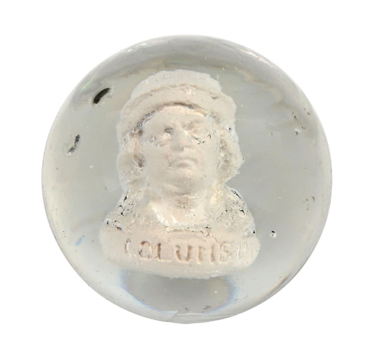 BUST OF CHRISTOPHER COLUMBUS SULPHIDE MARBLE: 1-39/64" diam. Nice detailed figure of Christopher Columbus, well centered. Surface shows several reflections and two minor chips. Condition: (8.7). Dimensions: 1 - 1/2" Dia.