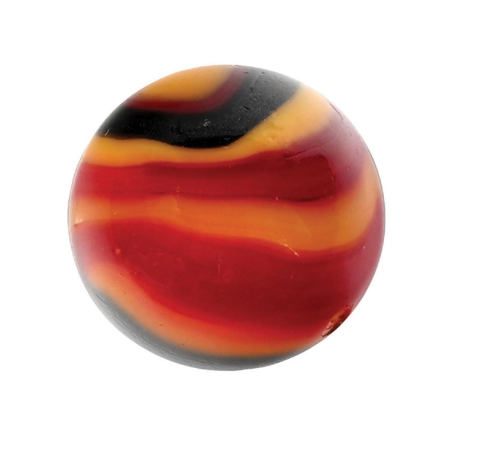 PELTIER GOLDEN REBEL MARBLE: 39/64" diam. Yellow base with black aventurine ribbons and red ribbons. Surface shows an as-made blowout hole. Condition: (9.0). Dimensions: 1/2" Dia.