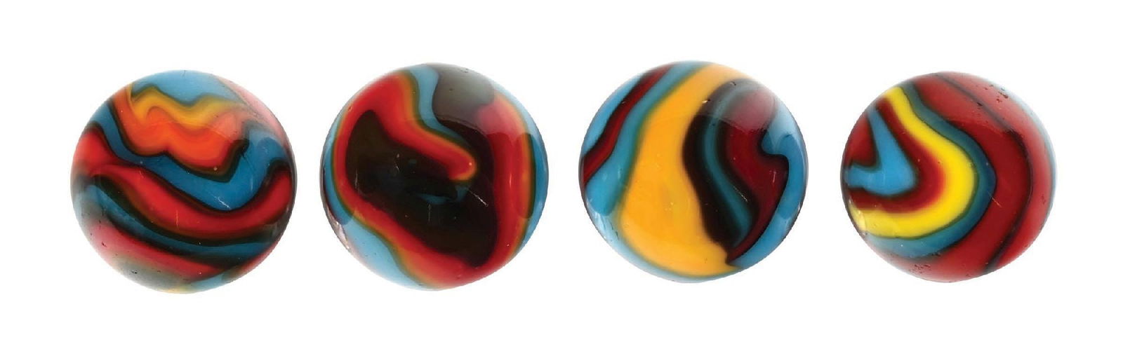 LOT OF 4: PELTIER SUPERMAN MARBLES: 5/8" - 43/64" diam. Nice lot of Peltier Superman marbles. Condition: (9.0). Dimensions: Each: 5/8" Dia.