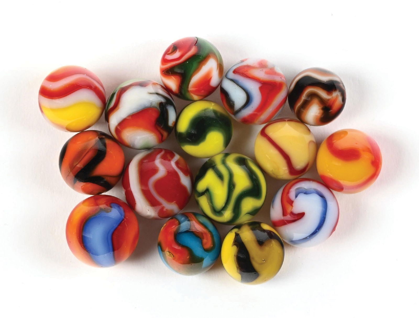 LOT OF 15: PELTIER MARBLES: 37/64" - 23/32" diam. Nice grouping of Peltier National Rainbo Line marbles, which include Christmas Tree, Liberties, and other various National Line Rainbos. Condition: (8.8 - 9.5). Dimensions: