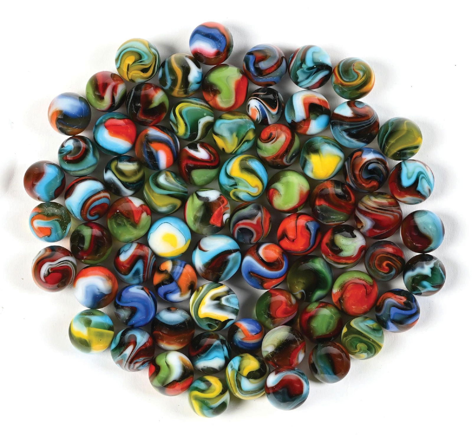 LOT OF APPROXIMATELY 68 PELTIER MARBLES: Approximately 19/32" - 23/32" diam. Lot contains clear base and color transparent base National Rainbo Line multicolor swirls. Condition: (9.0). Dimensions: