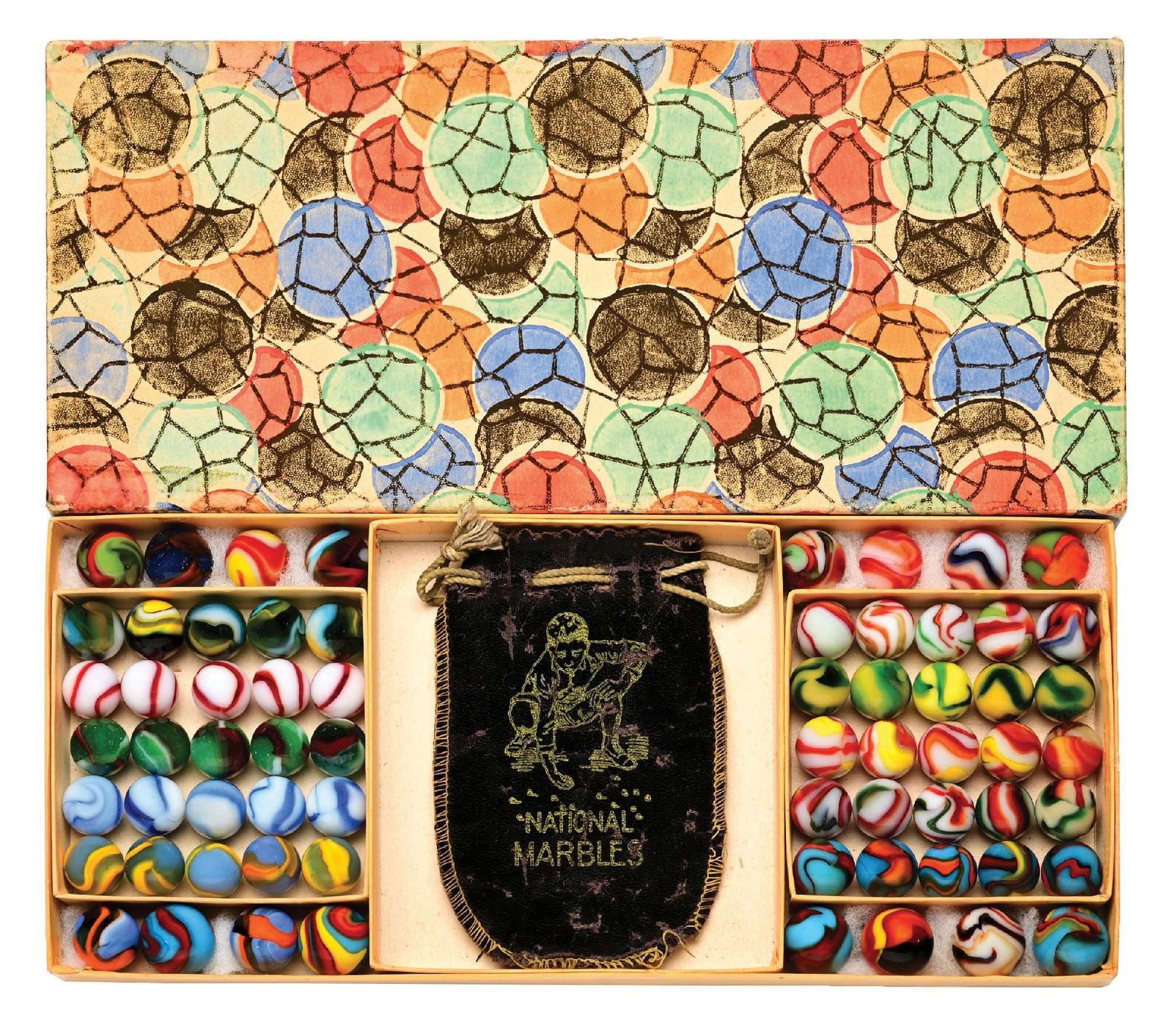 RARE PELTIER 66-COUNT ART DECO BOX SET: 5/8" - 3/4" diam. Box includes original bag. Left side box insert includes unnamed NLR. Right side includes rows of five each of 3/4" diam. three-color NRL shooters. On the sides of the insert