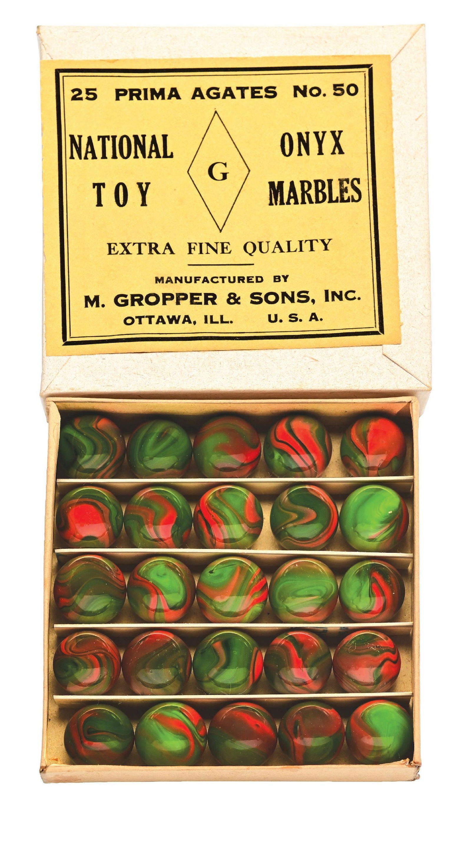 RARE 25-COUNT PRIMA AGATE GREEN CORAL BOX SET: 5/8" - 11/16" diam. Only box set known. Marbles: (9.5 Average). Box: (Excellent). Condition: Dimensions: Box: 3 - 7/8" x 3 - 7/8" x 7/8".