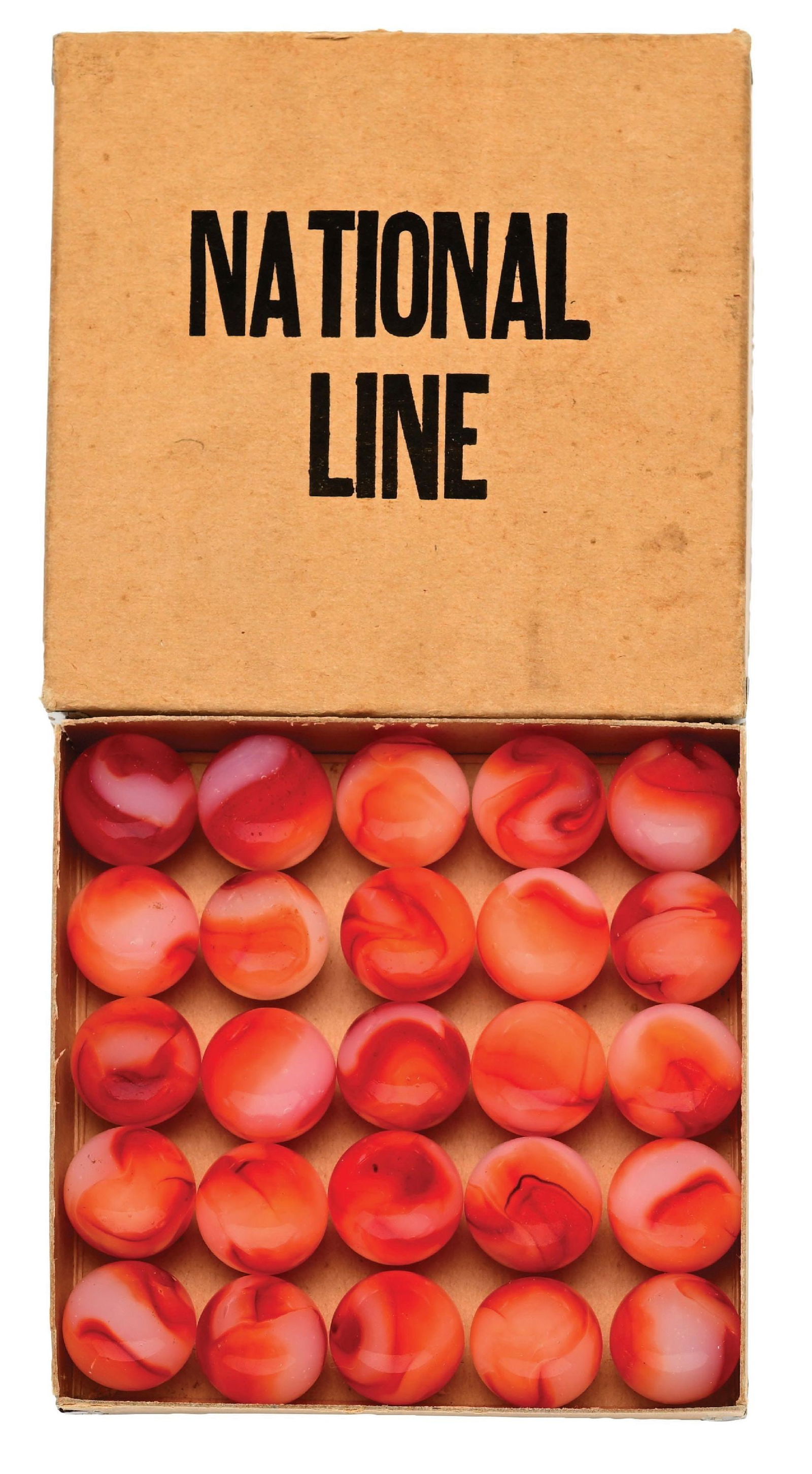 PELTIER 25 CT. NO.6 NATIONAL LINE BOX SET: 15/16" - 31/32" diam. Rare box in great condition. Marbles: (9.5 Average). Box: (Excellent). Condition: Dimensions: Box: 5" x 5" x 1".