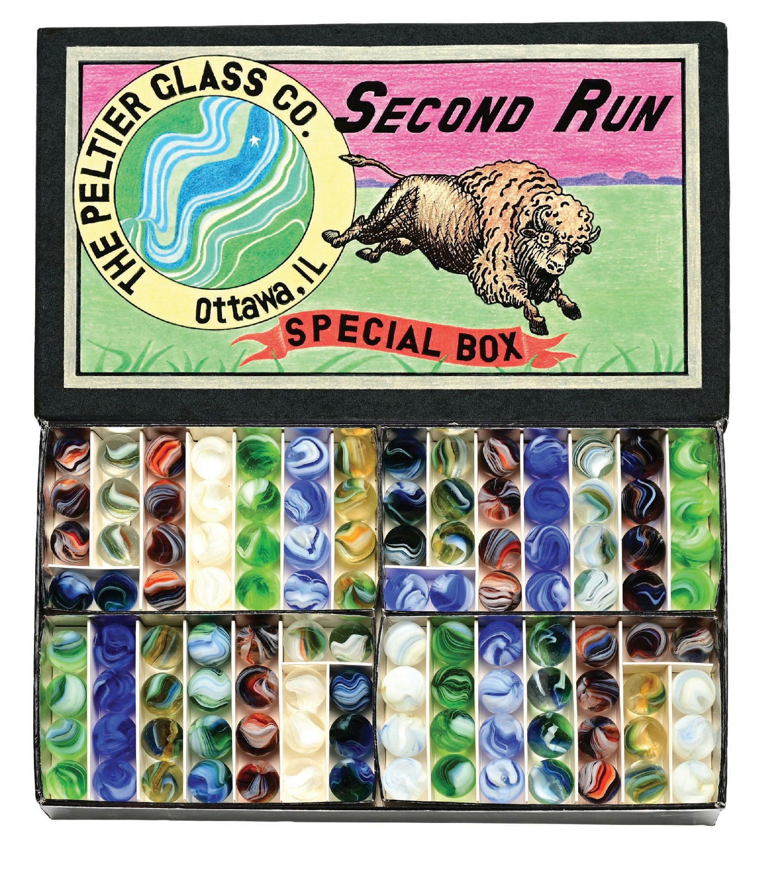 PELTIER 112-COUNT SECOND RUN SPECIAL BOX: Approximately 5-8" diam. Special box with four insert box. One of four known. Marbles: (9.5 Average). Box: (Pristine). Condition: Dimensions: Box: 9 - 7/8" x 5 - 7/8" x 1 - 3/8".