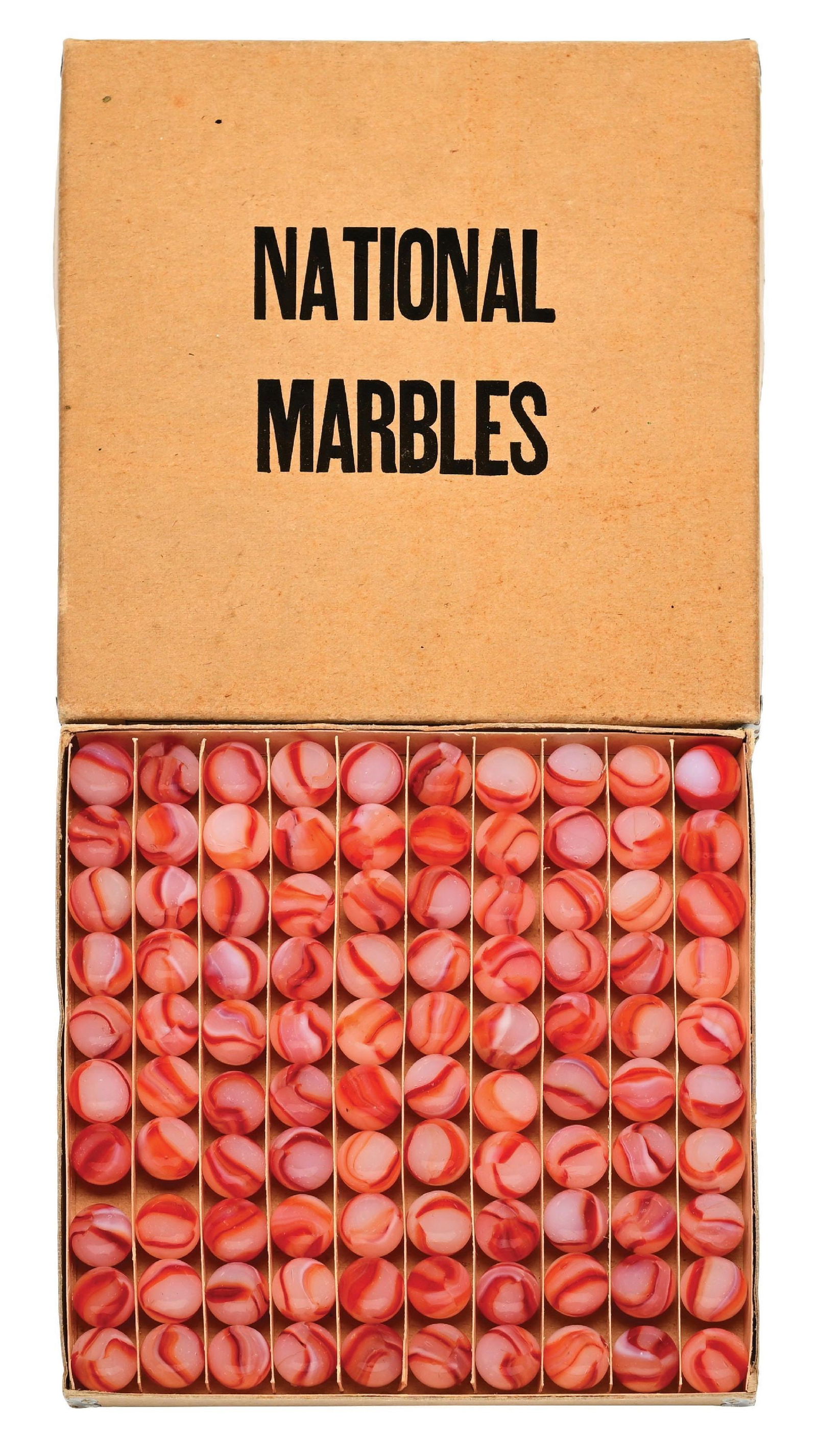 PELTIER NO. 0 NATIONAL RAINBO BLOODIES BOX SET: 5/8" diam. Box has 100-count Bloodies. Very nice set. Marbles: (9.5 Average). Box: (Pristine). Condition: Dimensions: Box: 6 - 3/4" x 6 - 3/4" x 3/4".