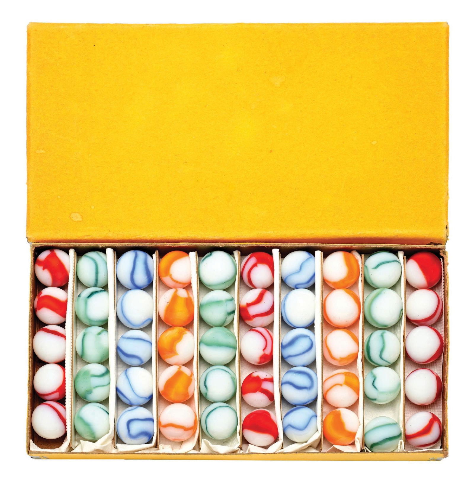 PELTIER 50-COUNT NO. 2 BASEBALL BOX SET: 11/16" diam. National Rainbo white base with one-color matching ribbons in each row. Marbles: (9.5 Average). Box: (Excellent). Condition: Dimensions: Box: 7 - 3/4" x 4" x 3/4".