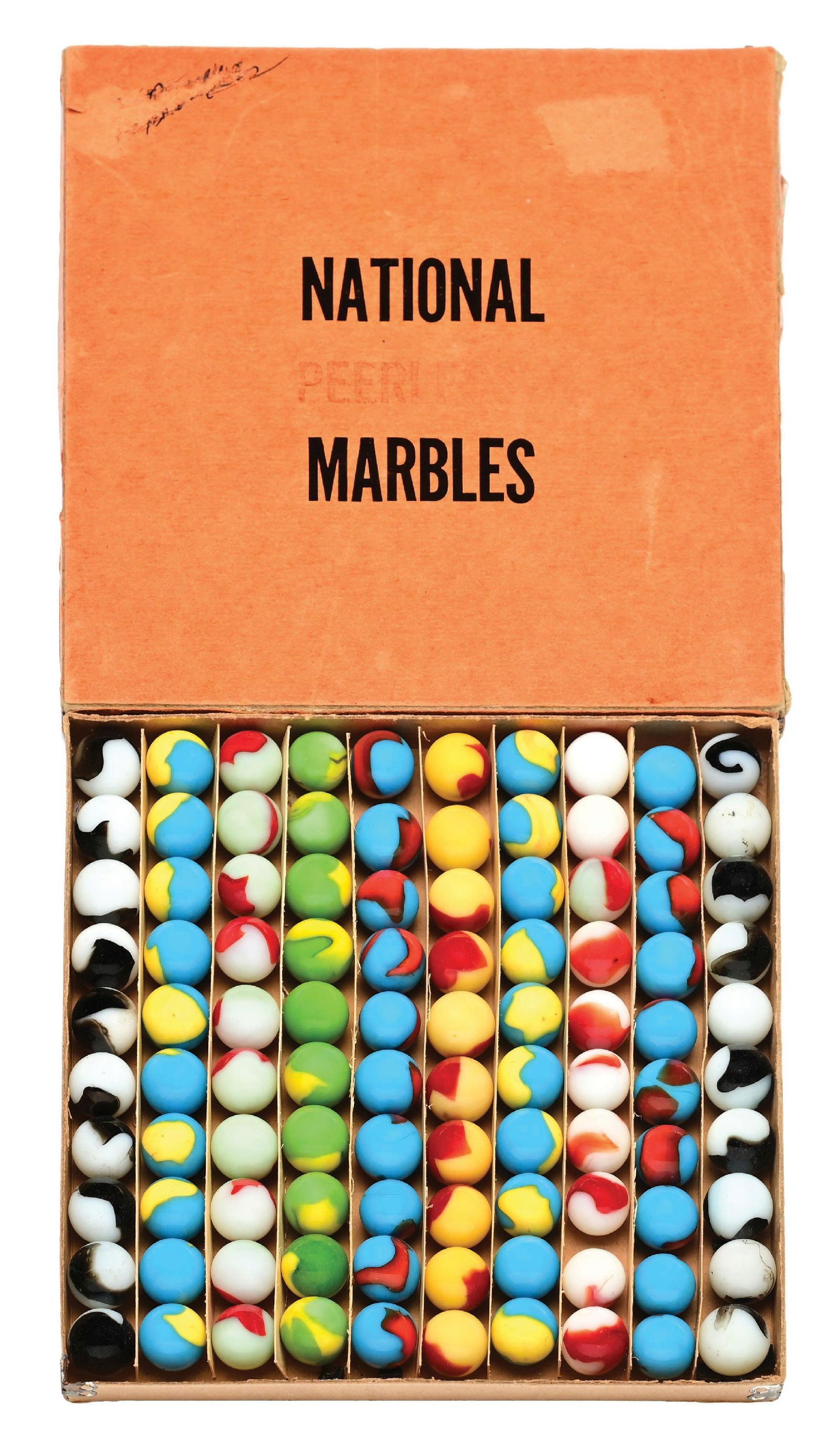 PELTIER NO. 0 PEERLESS PATCH BOX SET: 5/8" diam. Single-ribbon marbles with same colors in each row. 100 count. Marbles: (9.5 Average). Box: (Excellent). Condition: Dimensions: Box: 6 - 3/4" x 6 - 3/4" x 3/4".