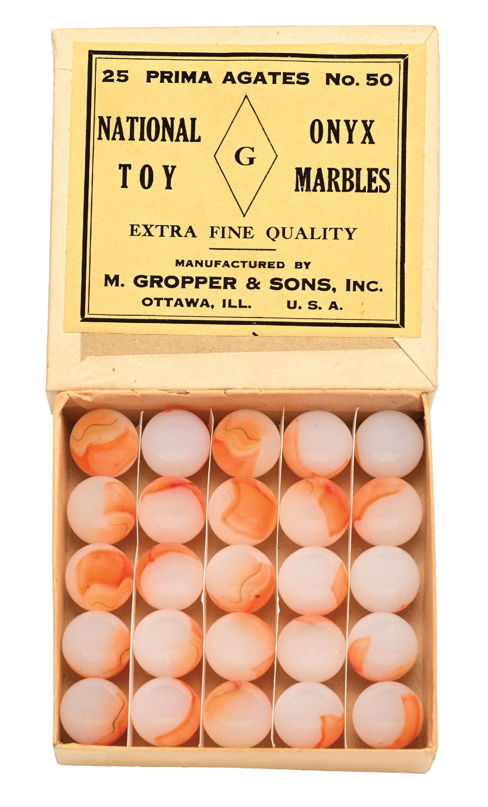 PRIMA AGATES NO. 50 NATIONAL ONYX BOX SET: 5/8" - 11/16" diam. Box contains 25 Prima Agates. Very hard box to find. Marbles: (9.5 Average). Box: (Excellent). Condition: Dimensions: Box: 3 - 3/4" x 3 - 3/4" x 7/8".