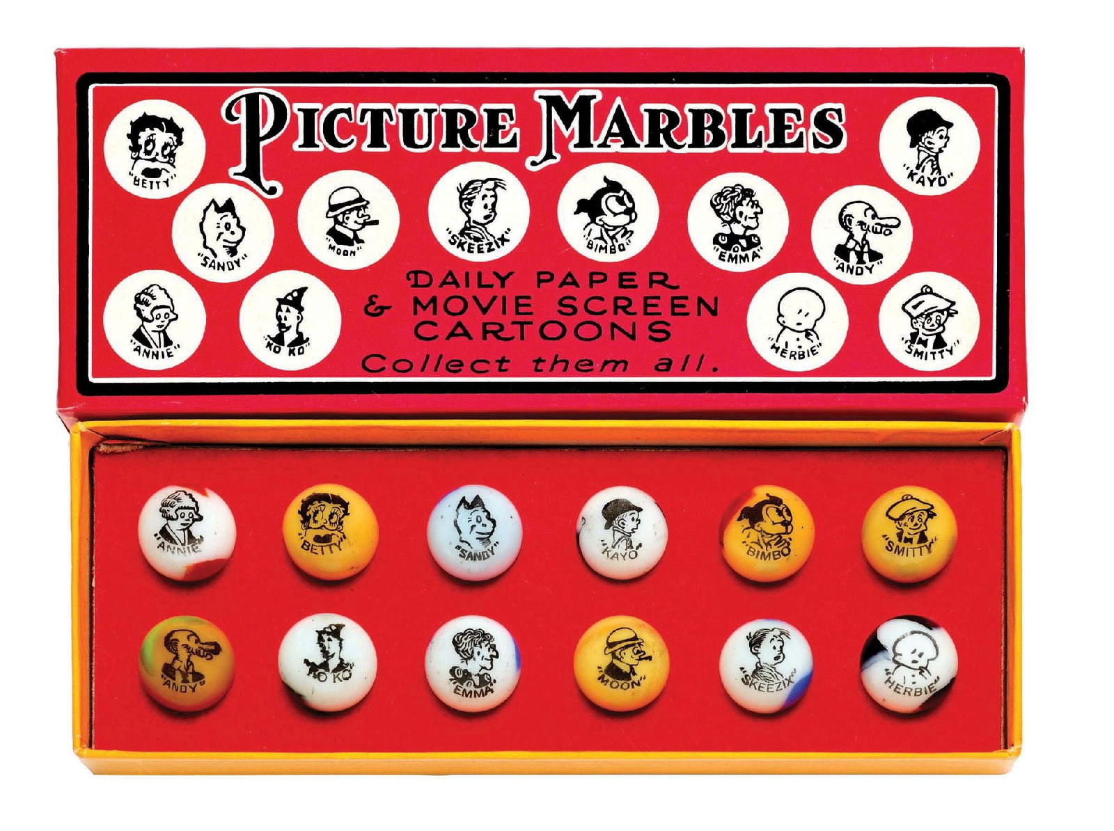 12-COUNT PELTIER COMICS IN RED REPRODUCTION BOX: 11/16" diam. Nice set of Comics in a red reproduction box. All 12 Comics included. Marbles: (9.5 Average). Box: (Excellent). Condition: Dimensions: Box: 6 - 3/4" x 2 - 5/8" x 3/4".