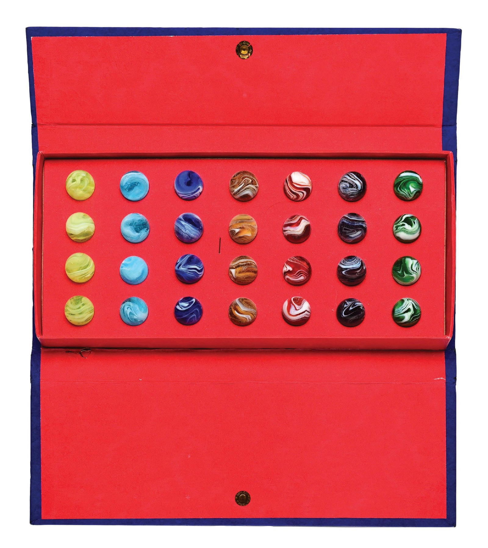 PELTIER 28-COUNT LUCKY BOY CHAMPION BOX SET: 19/32" - 5/8" diam. Beautiful box with original Feathered Slags. Marbles: (9.5 Average). Box: (Near Mint Plus). Condition: Dimensions: Box: 9 - 1/2" x 4 - 3/8" x 7/8".