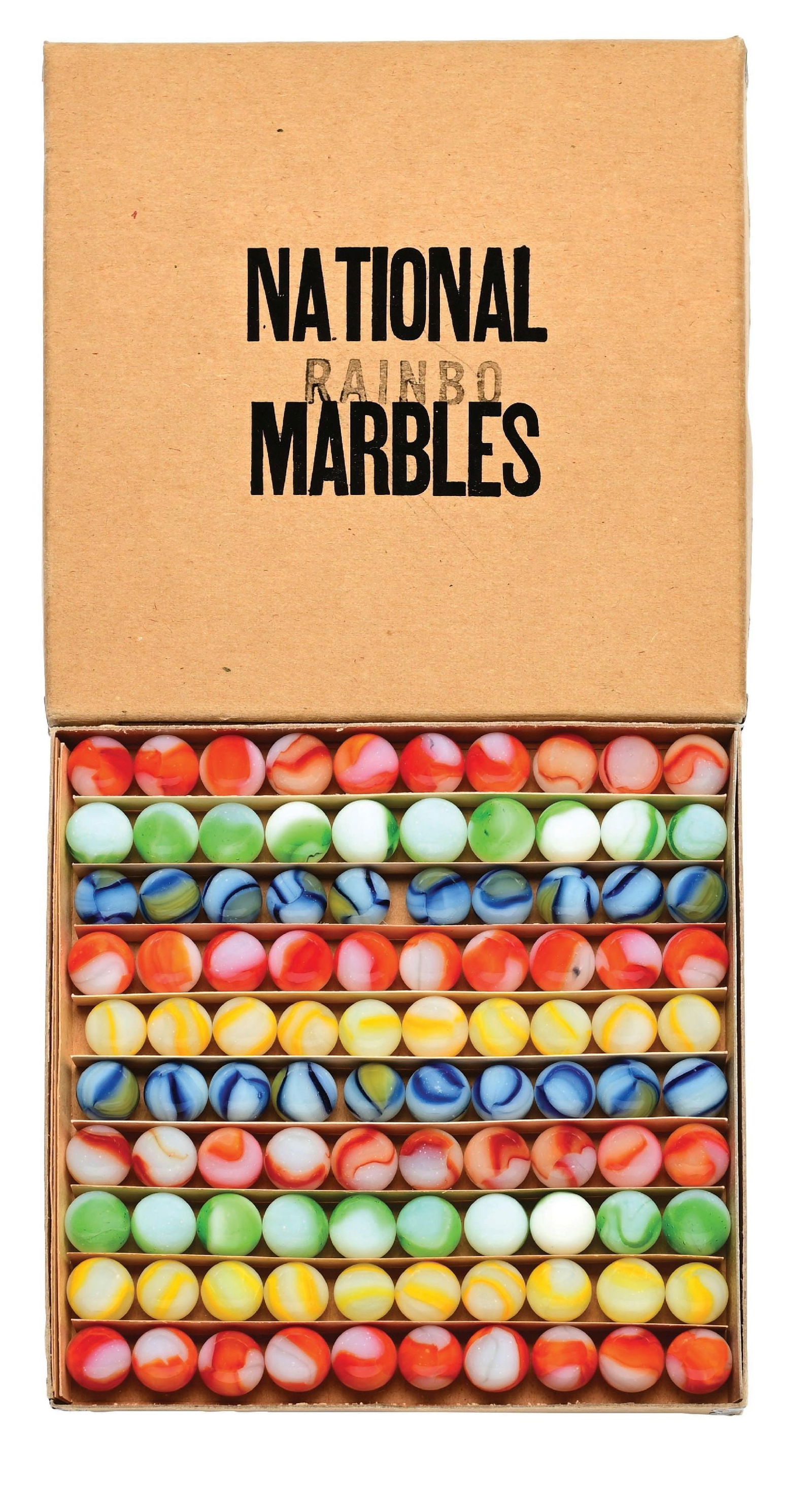 PELTIER NO. 0 NATIONAL RAINBO BOX SET: 5/8" diam. Box contains white base with same ribbon colors in each row. Marble: (9.5 Average). Box: (Pristine). Condition: Dimensions: Box: 6 - 3/4" x 6 - 3/4" x 3/4".