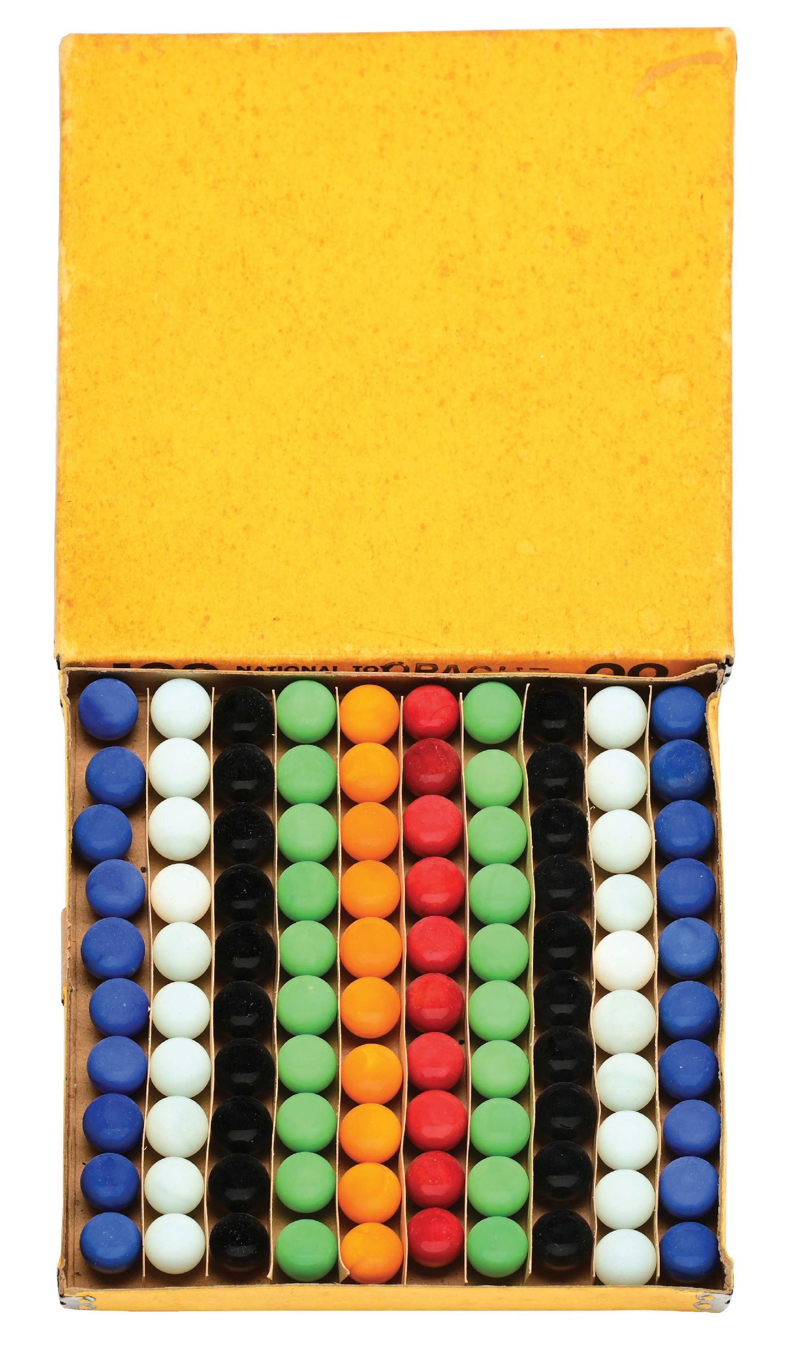PELTIER NO. 00 NATIONAL LINE 100-COUNT OPAQUE MARBLES: Approximately 9/16" diam. Same color opaques in each row. Condition: Dimensions: Box: 6 - 1/8" x 6" x 5/8".