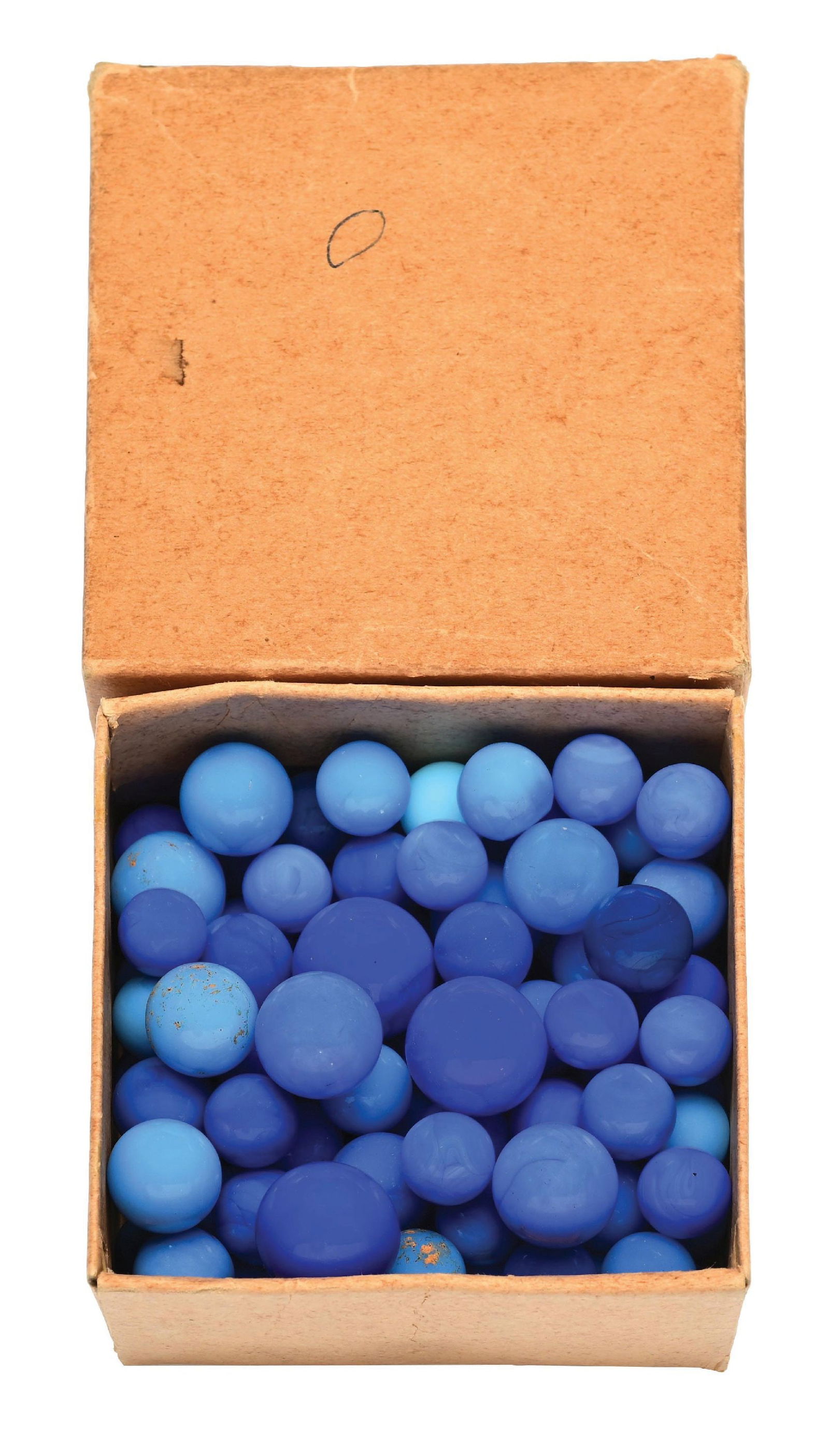 PELTIER 100 CT. BIG VALUE OPAQUE BLUE MARBLE SET: 9/16" - 13/16" diam. Box has approximately 92 solid blue opaque marbles. Marbles: (9.2 Average). Box: (Excellent). Condition: Dimensions: Box: 3 - 7/8" x 1 - 3/4".
