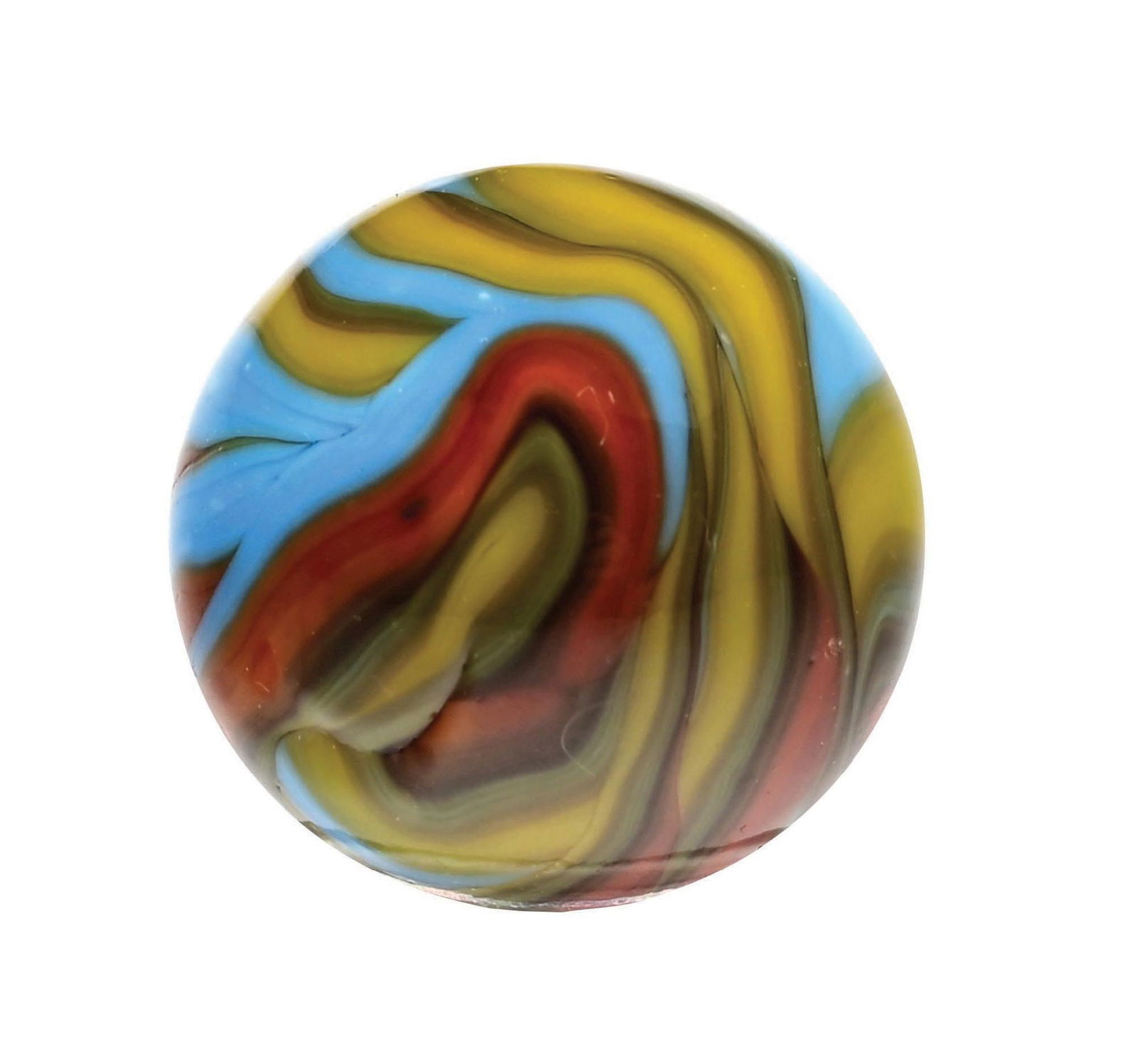 CHRISTENSEN AGATE 4-COLOR FLAME MARBLE: 49/64" diam. Baby blue base with salmon, brown, and yellow flames. Marble surface shows as-made crease. Condition: (9.5). Dimensions: 3/4" Dia.