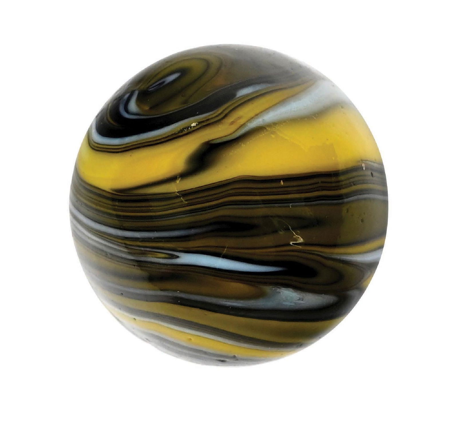 CHRISTENSEN AGATE STRIPED OPAQUE MARBLE: 21/32" diam. Blue base with black and yellow stripes. A really well-made marble. Condition: (9.8). Dimensions:
