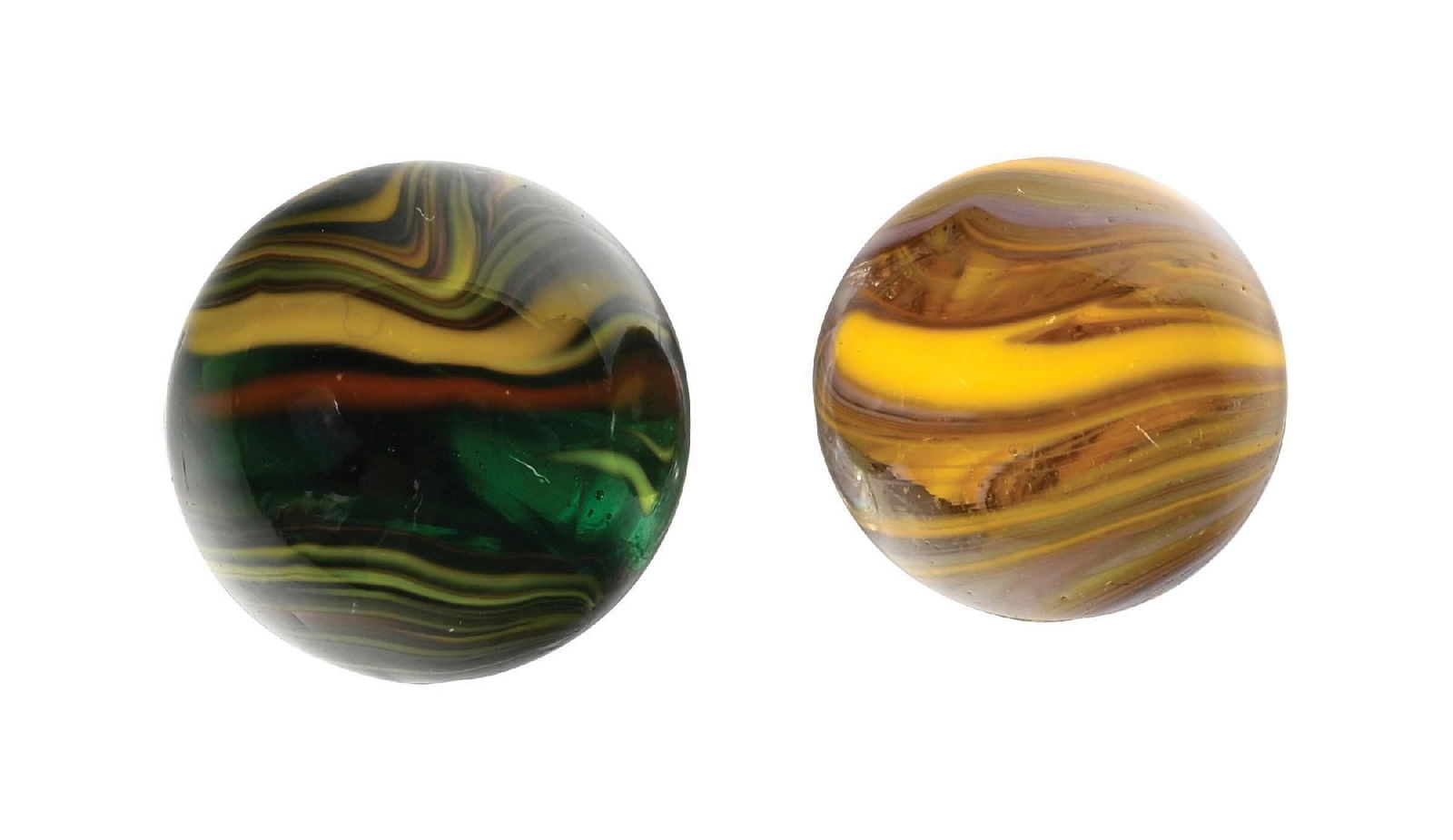 LOT OF 2: CHRISTENSEN STRIPED TRANSPARENT MARBLES: 37/64" - 41/64" diam. (A) The smaller is a clear base with striping colors of lavender and orange. (B) The larger is a green transparent base of yellow and orange. Condition: (9.8). Dimensions: Larges
