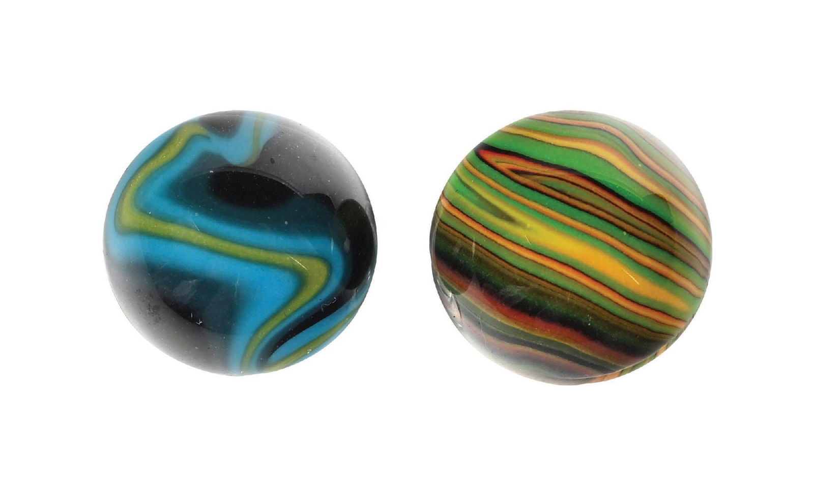 LOT OF 2: CONTEMPORARY MARBLES: 39/64" - 41/64" diam. (A) The smaller is a contemporary Peletier Blue Galaxy. (B) The larger is a contemporary Christensen striped opaque. Condition: (9.8). Dimensions: 1/2" Dia.