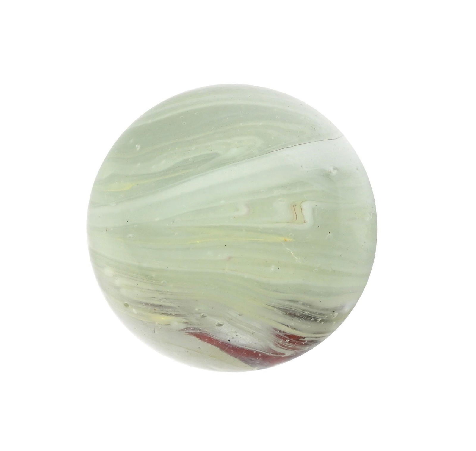 GREINER SWIRL MARBLE: 1-1/32" diam. Clear base with white and oxblood. Very nice faceted pontil. A well-made marble. Condition: (9.7). Dimensions: 1" Dia.