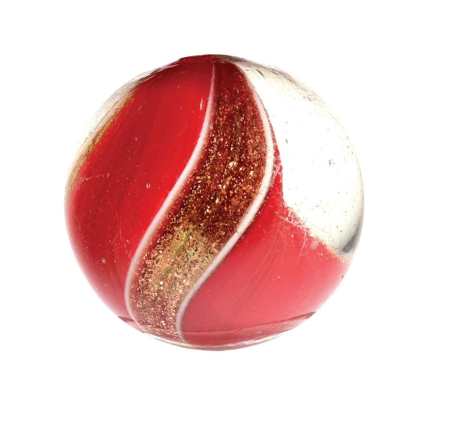 RIBBON GLASS SWIRL MARBLE: 13/16" diam. Red ribbons on both sides with strong Lutz banding. Condition: (9.8). Dimensions: 3/4" Dia.