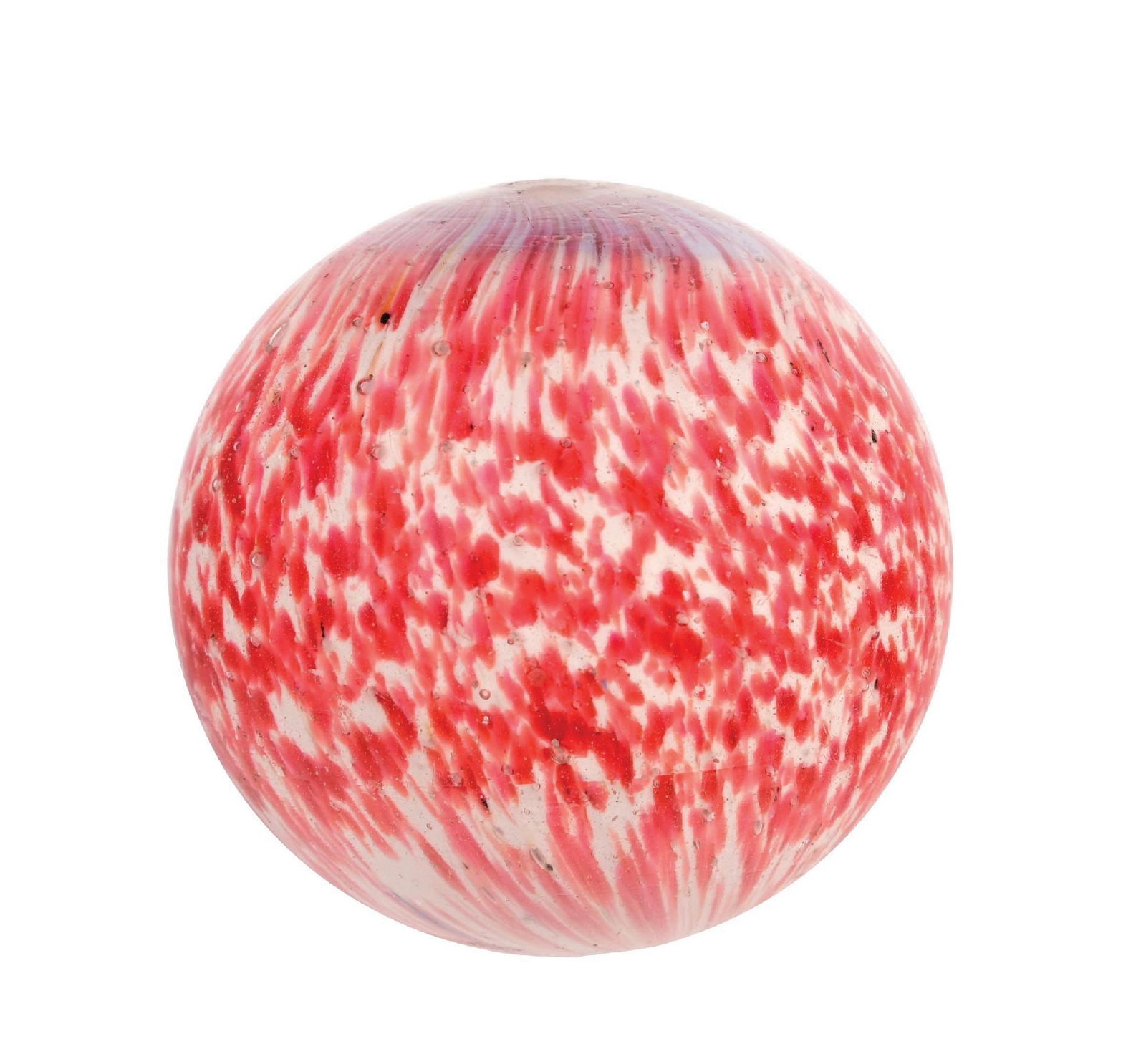 LARGE ONIONSKIN W/ MICA MARBLE: 1-31/32" diam. White based onion with fine pink spotting of color with mica. Top pontil shows great mushroom effect, with well-faceted bottom pontil. Surface shows slight as-made cold roll mark near b