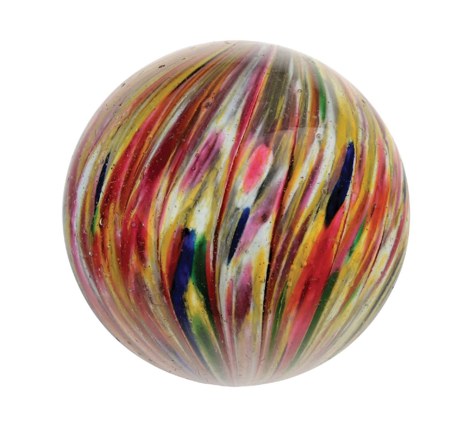 LARGE 12-LOBED ONIONSKIN MARBLE: 2-3/32" diam. Very colorful 12-lobed onionskin with white base. Colors include yellow, blue, red, and green. Surface shows one tiny fleabite and some as-made indentations. Well-faceted pontil. Conditi