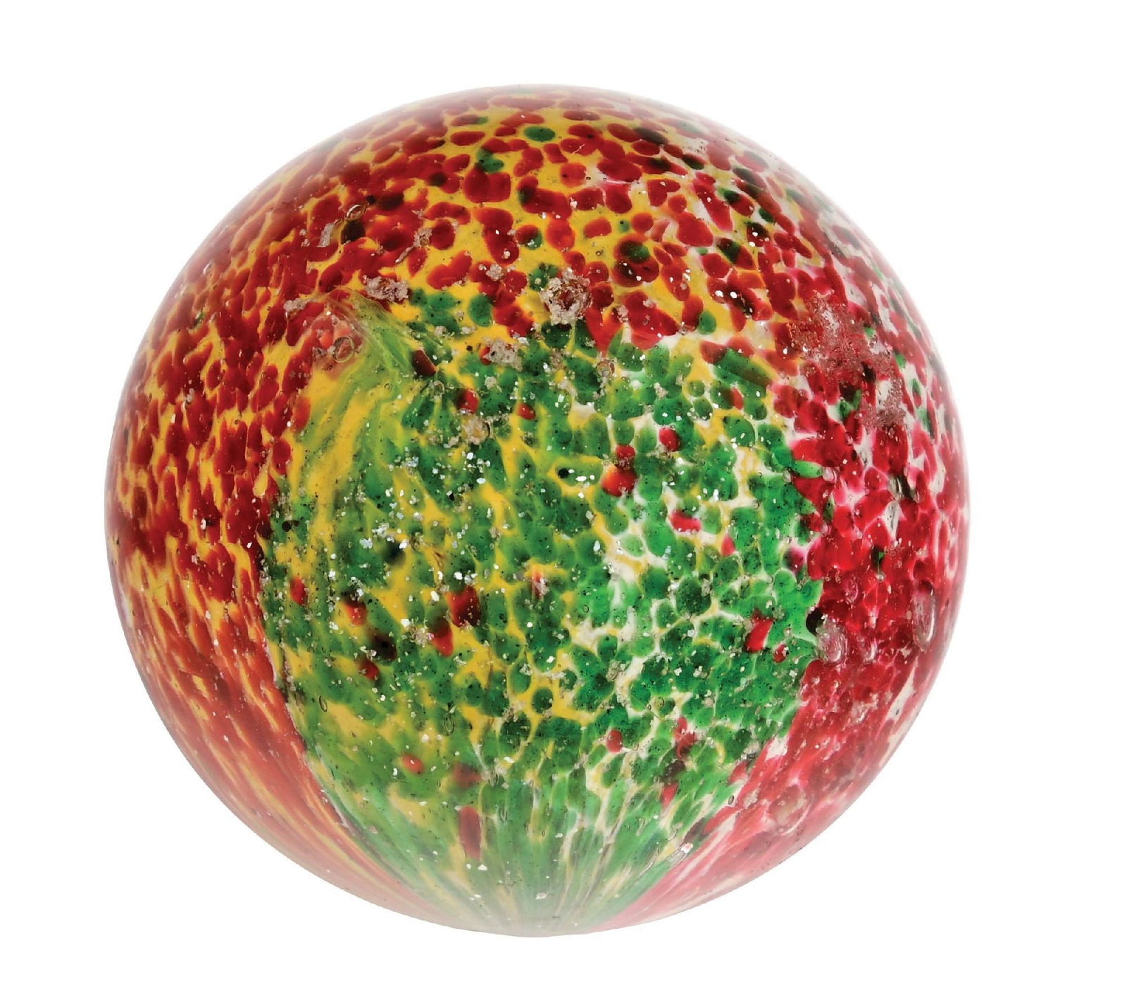 LARGE SINGLE-PONTIL SUPERB END OF DAY W/ MICA: 2-15/32" diam. Early faceted pontil with two opposing panels of white, yellow, and green, with some red. One panel of yellow and red opposing one panel of pink and white, with fine mica throughout.