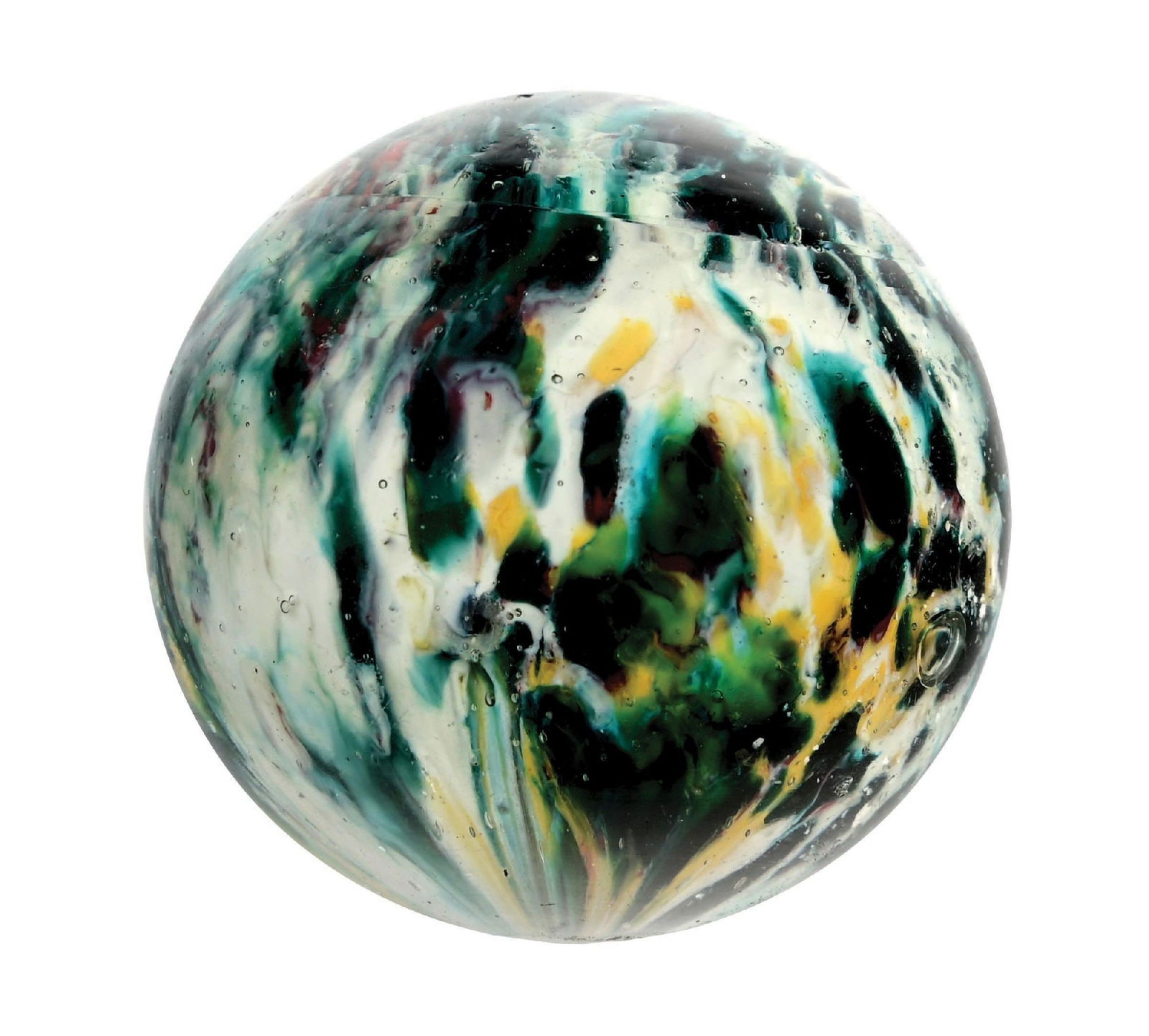 LARGE SINGLE-PONTIL END OF DAY W/ MICA: 1-3/4" diam. Early faceted pontil, white base, with swirling colors of turquoise, dark green, light green, yellow, and some red, with nice size mica chunks. Top of marble looks like a swirling