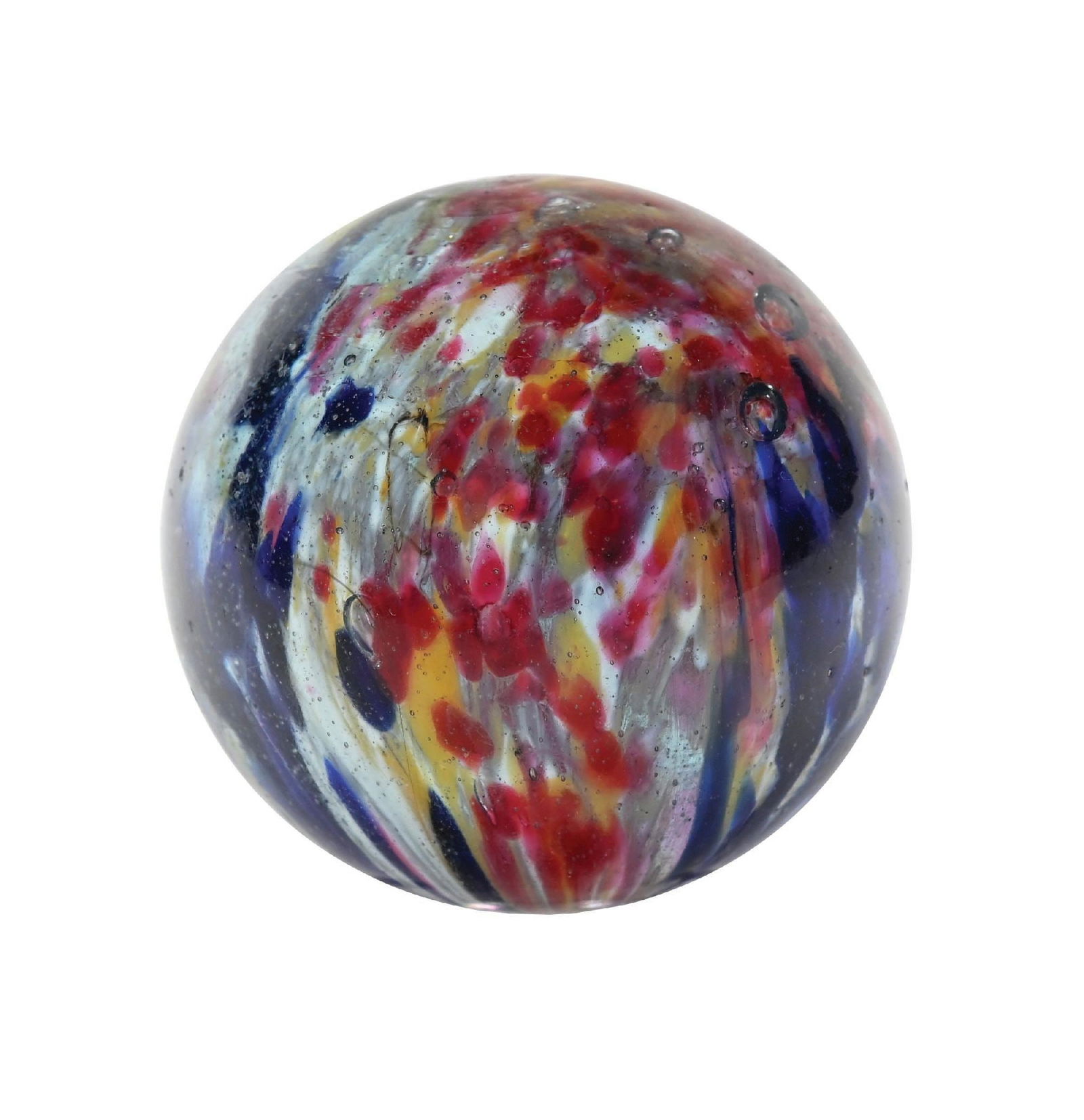 LARGE SINGLE PONTIL END OF DAY MARBLE: 1-55/64" diam. White base single pontil with spotting colors of yellow, red, and blue. Faceted pontil. Surface shows two minor fleabites. Condition: (8.8). Dimensions: 1 - 7/8" Dia.