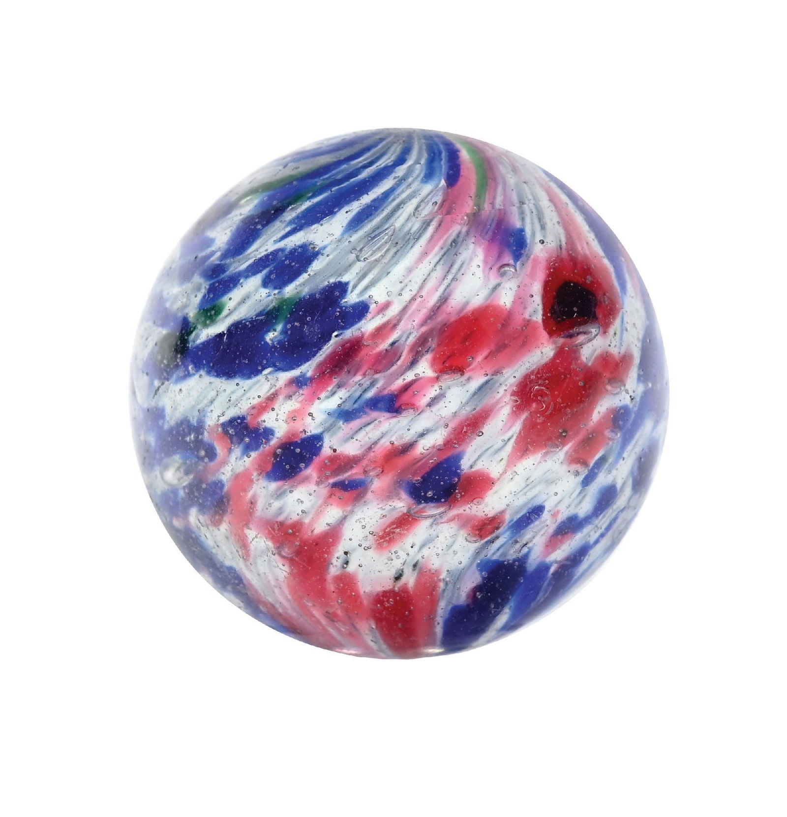 LARGE ONIONSKIN MARBLE: 1-11/16" diam. Two-paneled onionskin with one panel of pink and white and one panel of blue and white. Early faceted pontil with as-made pontil break. Condition: (9.2). Dimensions: 1 - 5/8" Dia.