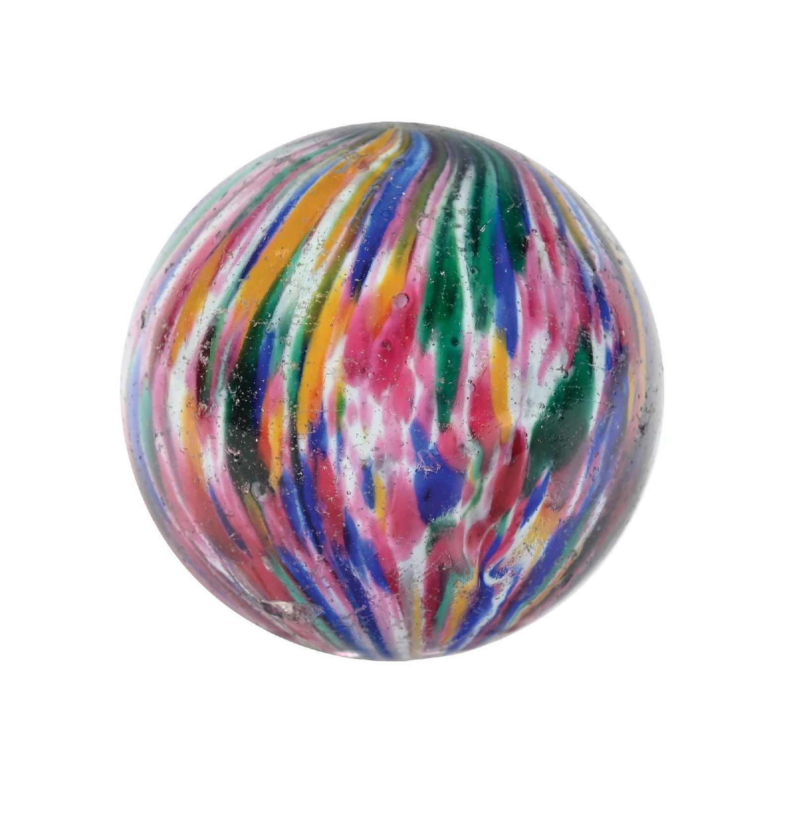 LARGE ONIONSKIN MARBLE: 1-47/64" diam. Marble has spotting colors of white, blue, pink, yellow, and green, with some turquoise. Marble surface shows pocket wear and as-made cold roll mark. Condition: (8.9). Dimensions: 1 - 3