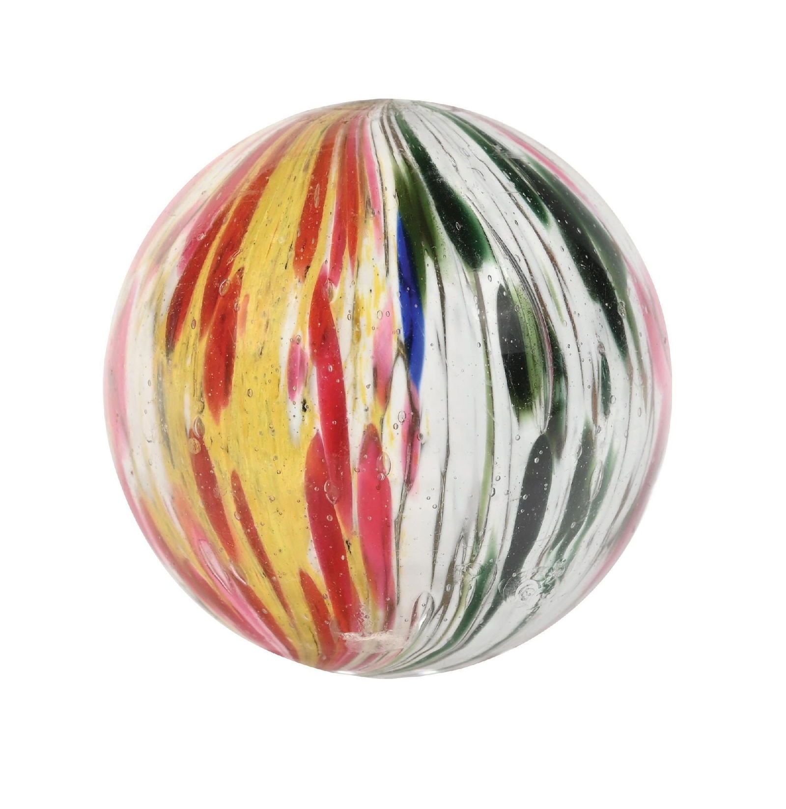 LARGE 4-PANEL ONIONSKIN MARBLE: 2" diam. Four-paneled onionskin with two opposing panels of white and dark green and two opposing panels of yellow and red. Surface shows shallow chip near top pontil and several small chips, with one