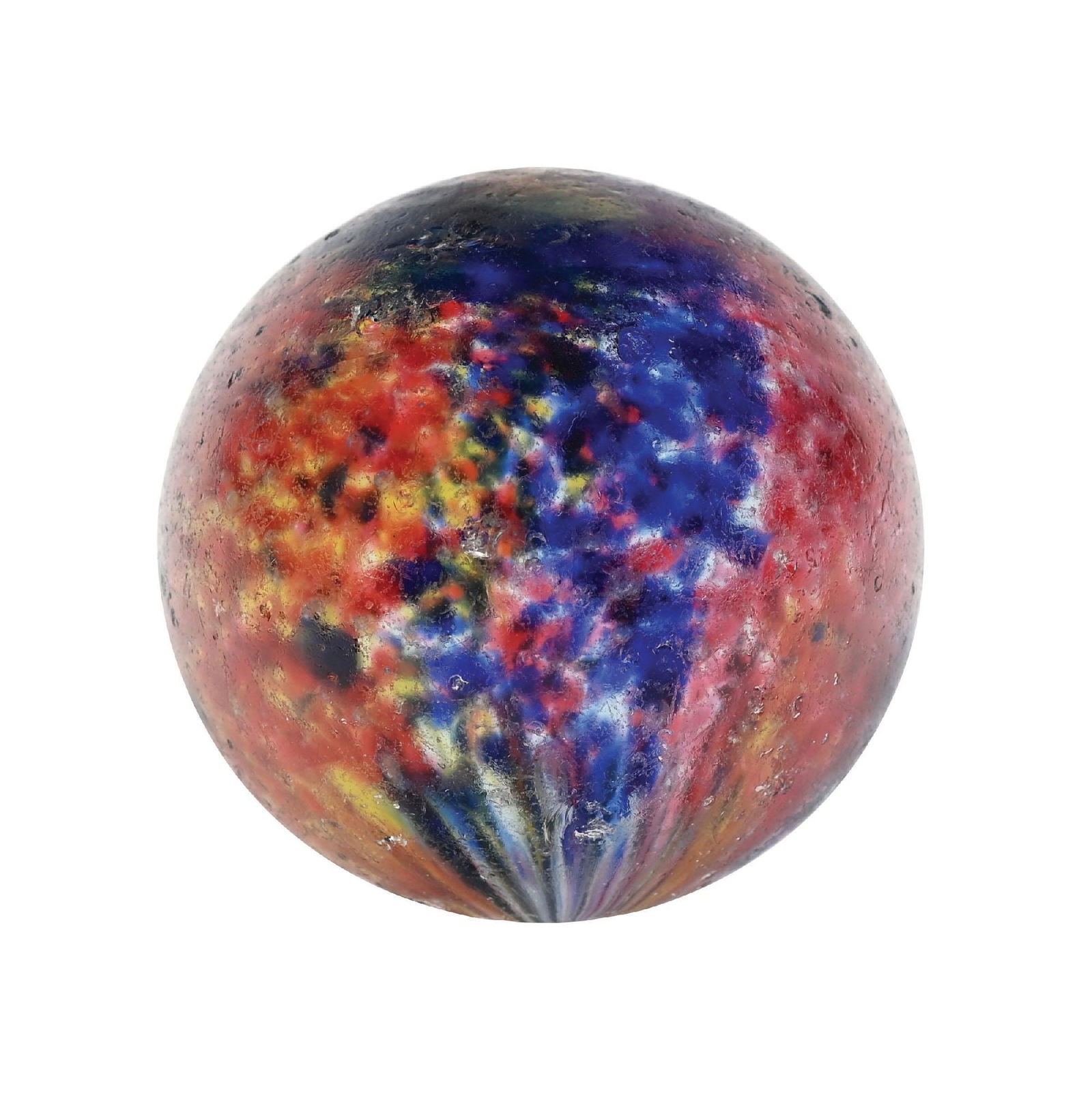 LARGE SINGLE PONTIL END OF DAY MARBLE: 1-59/64" diam. Single pontil four-paneled End of Day, with two opposing panels of red, white, and blue, and one panel of red and orange, opposing one panel of pink and white. Early faceted pontil.