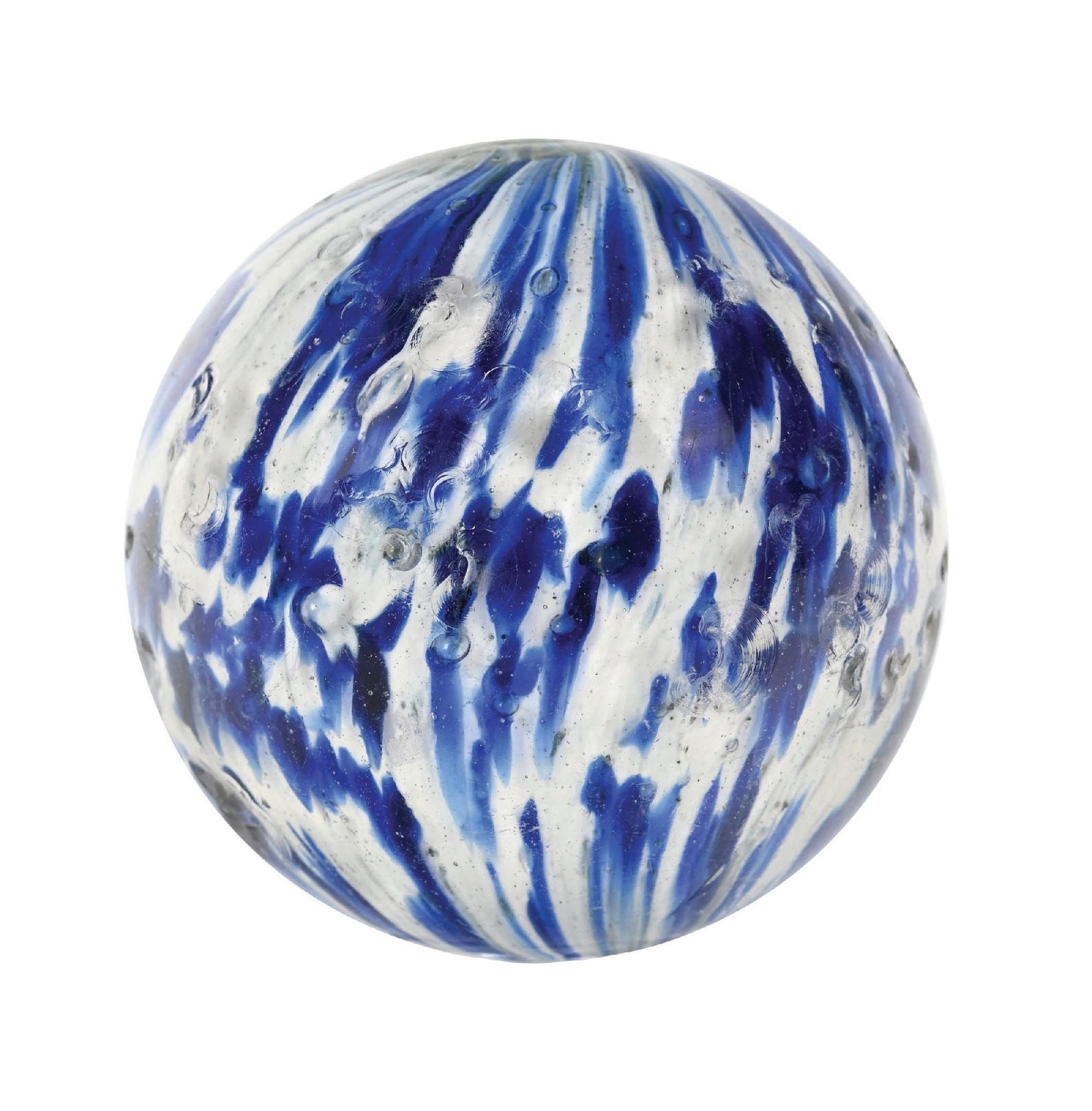 LARGE ONIONSKIN MARBLE: 1-15/32" diam. White base with very nice blue spotting. Surface shows several chips and one large chip. Condition: (8.3). Dimensions: 2 - 1/2" Dia.