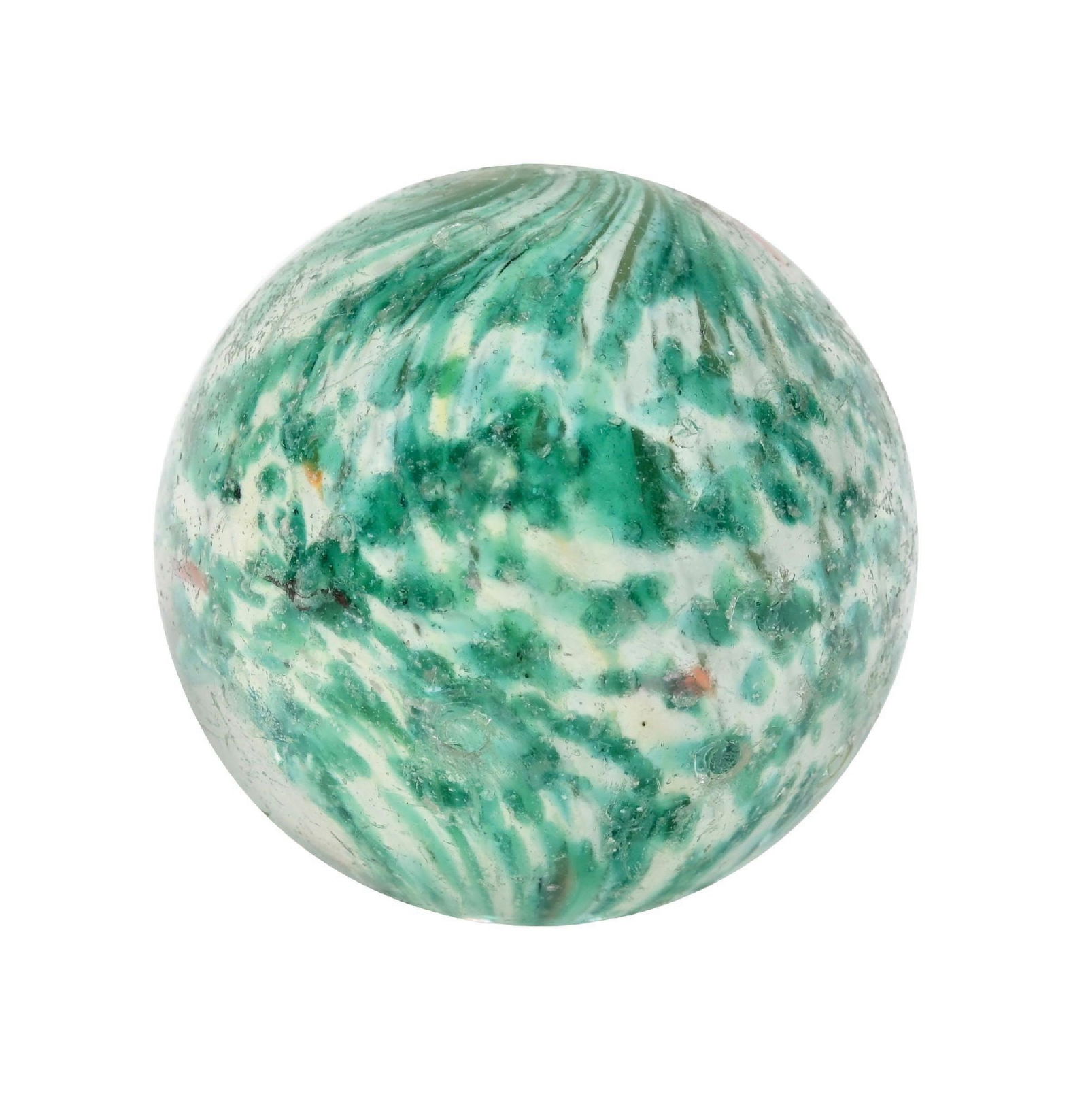 LARGE ONIONSKIN MARBLE: 1-7/8" diam. White base onionskin with spotting of green, with some blue and red, with lots of mica. Early faceted pontil. Surface shows several shallow chips. Condition: (8.5). Dimensions: 2" Dia.