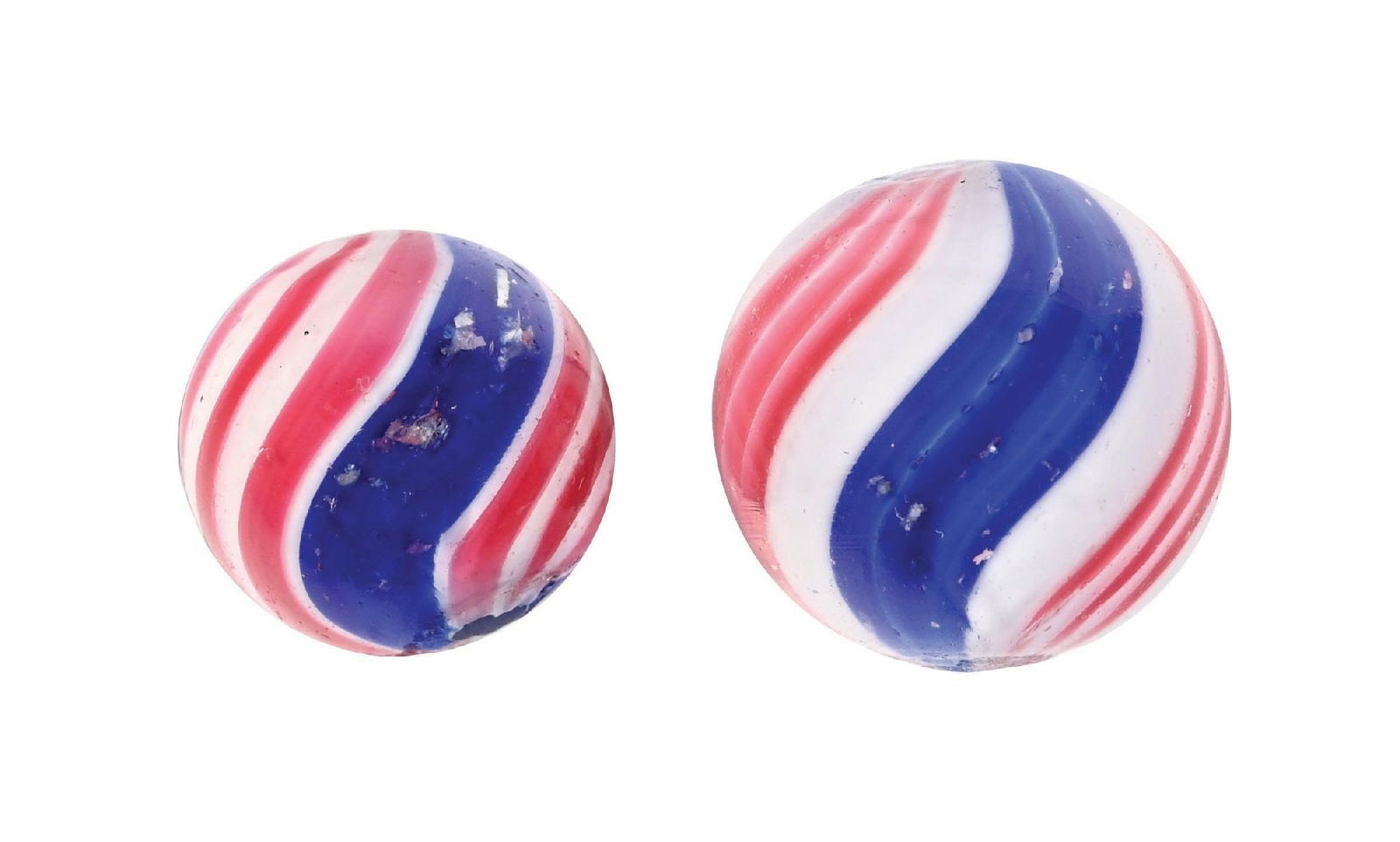 LOT OF 2: PEPPERMINT W/ MICA MARBLES: 9/16" and 11/16" diam. Nice group of hard-to-find peppermints with mica. Condition: (9.2). Dimensions: