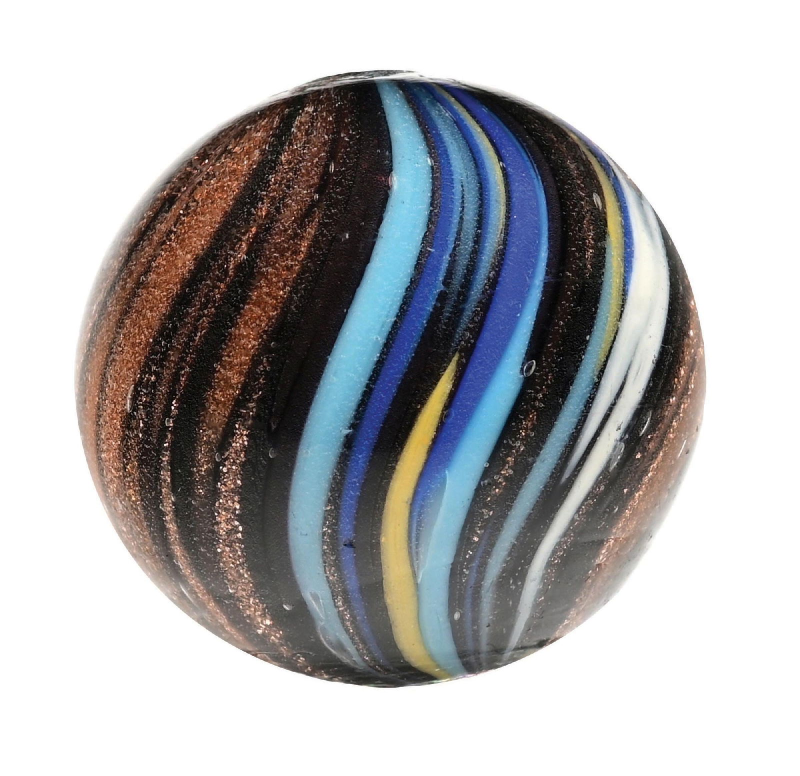 LARGE INDIAN LUTZ MARBLE: 1-1/32" diam. Very hard to find in this size and condition. Black opaque base with baby blue, blue, white, and yellow bands. Condition: (9.8). Dimensions: 1" Dia.