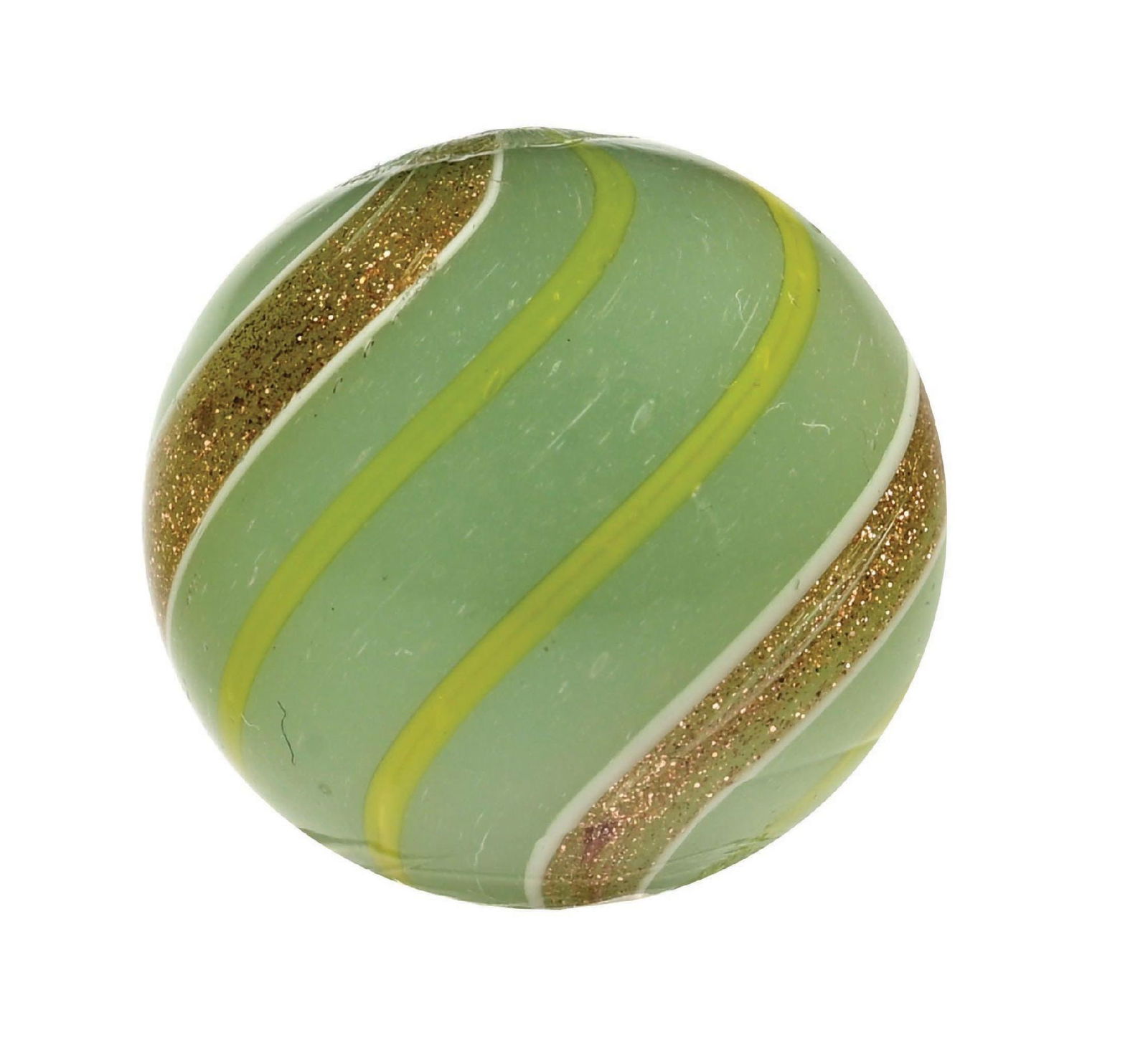 SEAFOAM GREEN BANDED LUTZ: 7/8" diam. Seafoam translucent base with yellow bands. Hard to find in this size and condition. Condition: (9.8). Dimensions: 7/8" Dia.