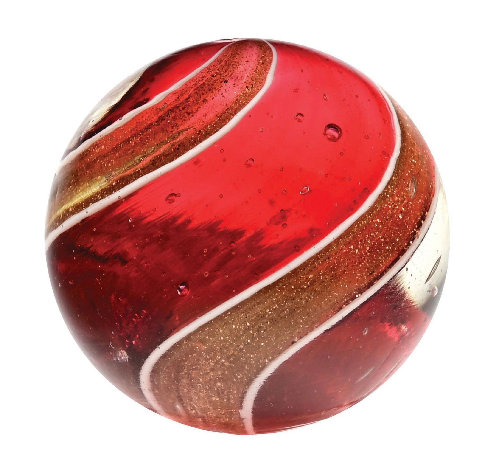 LARGE CRANBERRY RIBBON LUTZ MARBLE: 1-3/64" diam. Translucent red ribbons on each side with wide, heavy Lutz banding. Condition: (9.7). Dimensions: 1" Dia.