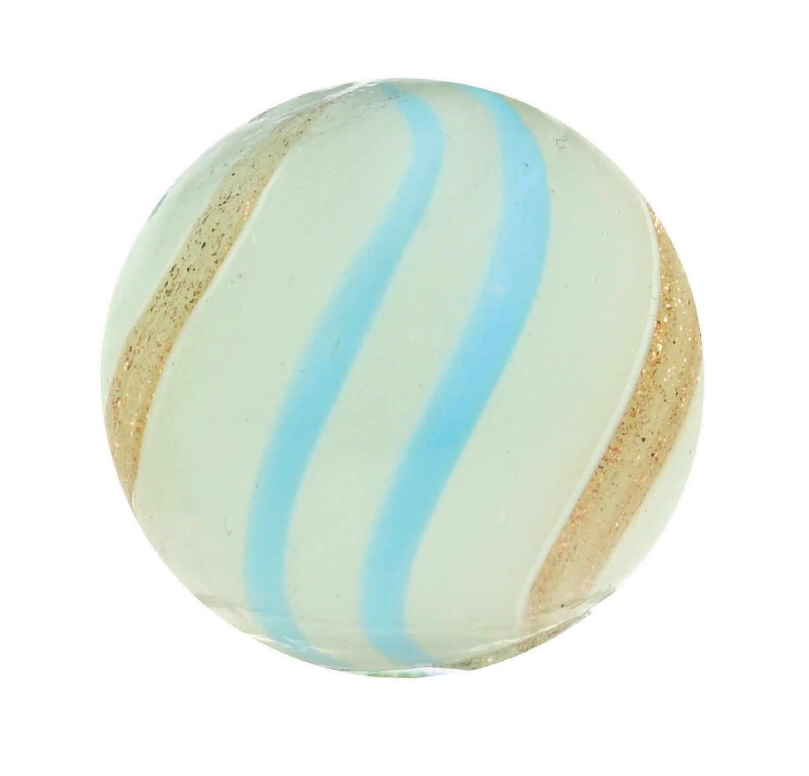 WHITE SEMI-OPAQUE BANDED LUTZ: 23/32" diam. White semi-opaque base with baby blue bands. Condition: (9.6). Dimensions: 3/4" Dia.