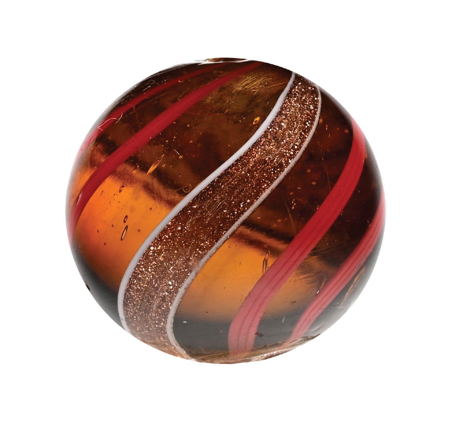 AMBER TRANSPARENT BANDED LUTZ: 57/64" diam. Amber transparent base with red bands. Condition: (9.8). Dimensions: 7/8" Dia.