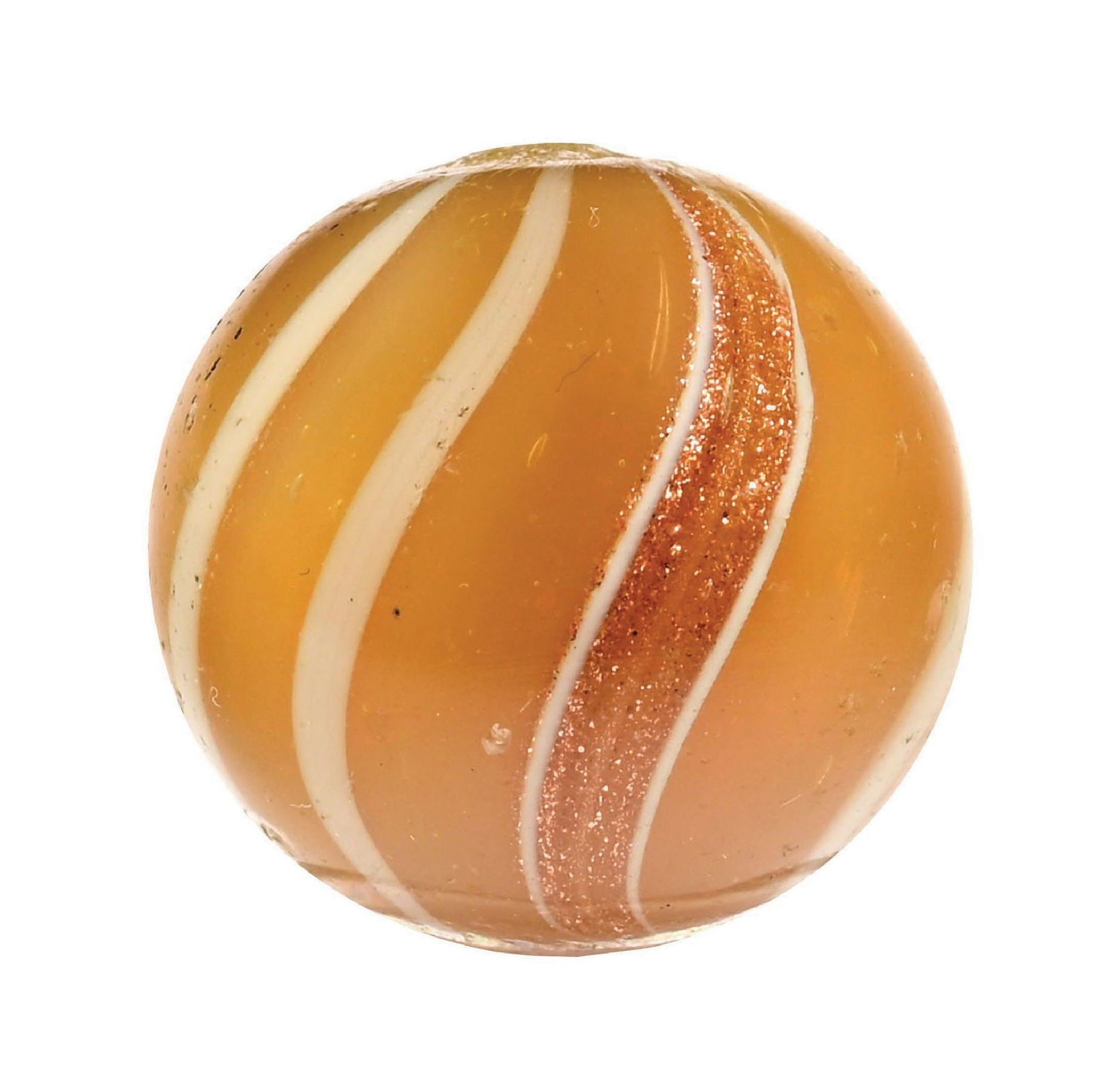 BUTTERSCOTCH SEMI-OPAQUE BANDED LUTZ: 13/16" diam. Butterscotch semi-opaque base with white bands and strong lutz banding. Surface shows two micro fleabites. Condition: (8.8). Dimensions: 3/4" Dia.