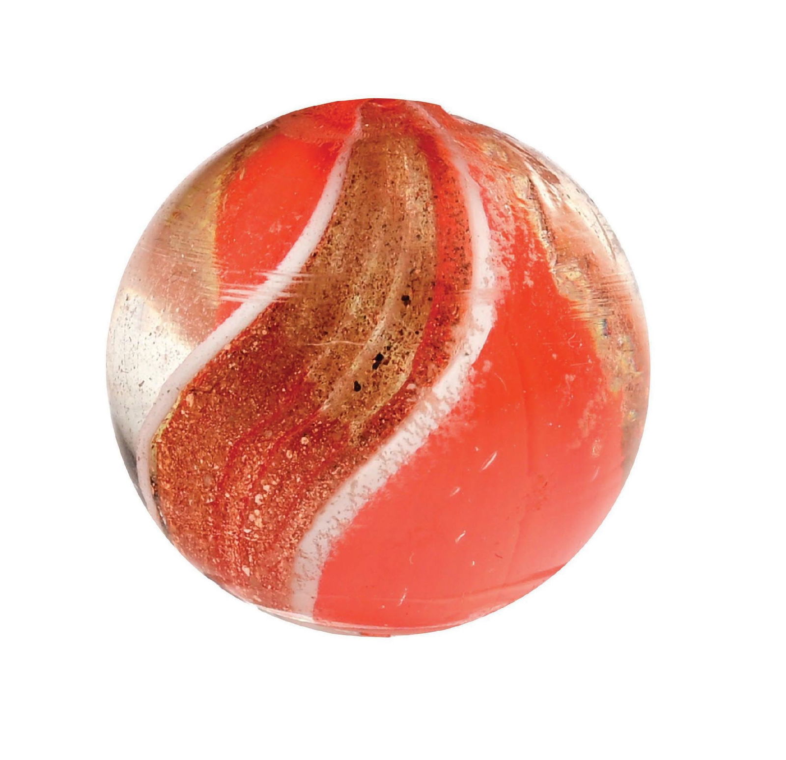 RIBBON LUTZ SWIRL MARBLE: 51/64" diam. Both sides of the ribbon are orange, with wide lutz banding. Condition: (9.8). Dimensions: 3/4" Dia.