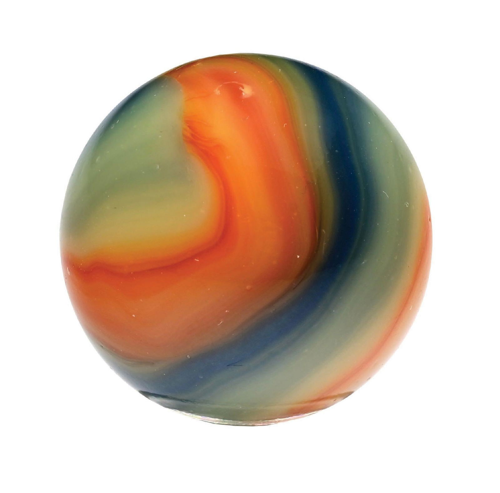 AKRO TRICOLOR BUCKSKIN CORKSCREW MARBLE: 31/32" diam. Tan base with blue and orange. Hard to find in this size. Condition: (9.3). Dimensions: 1" Dia.